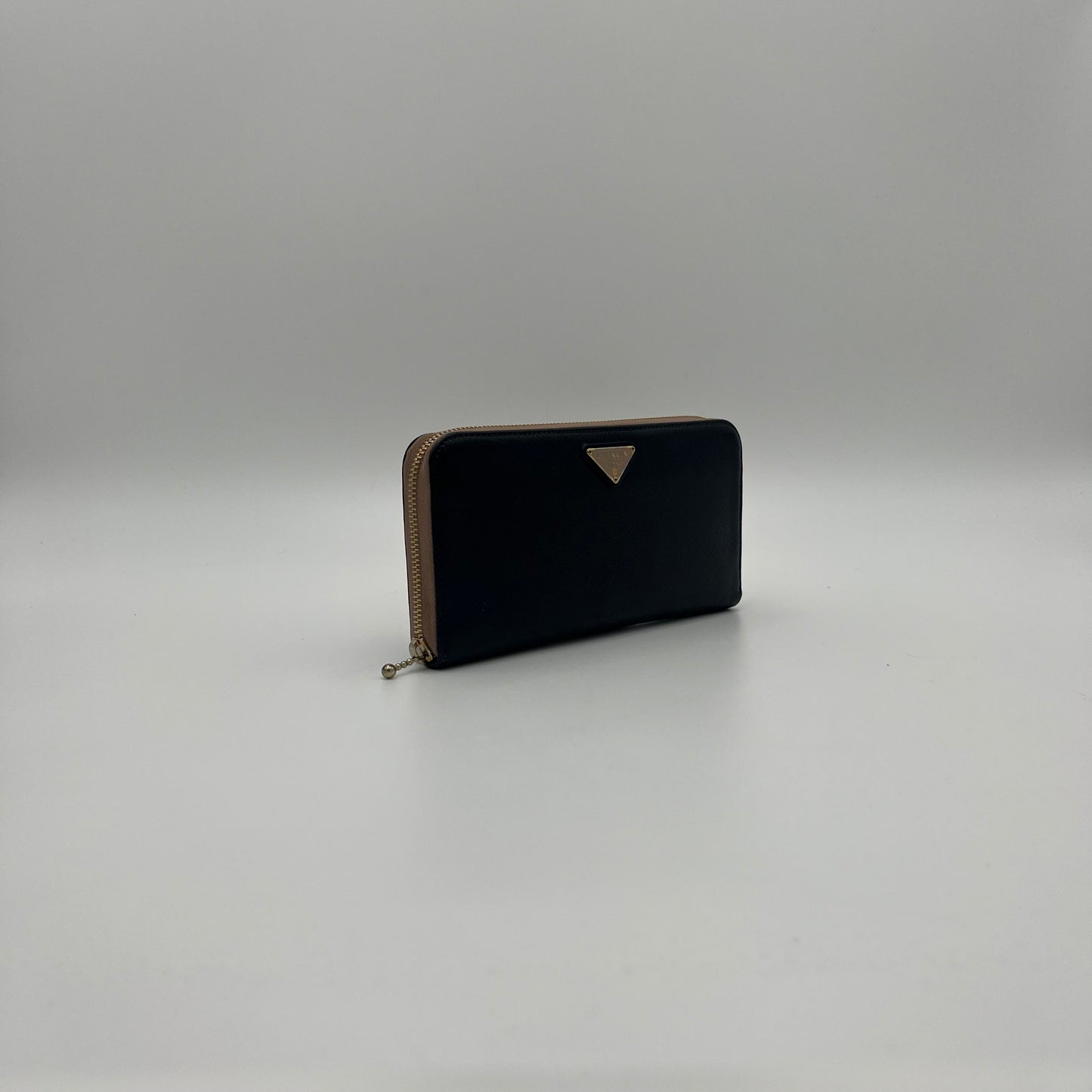 Prada Black Saffiano and Nude Pink Plate Long Zip Around Wallet