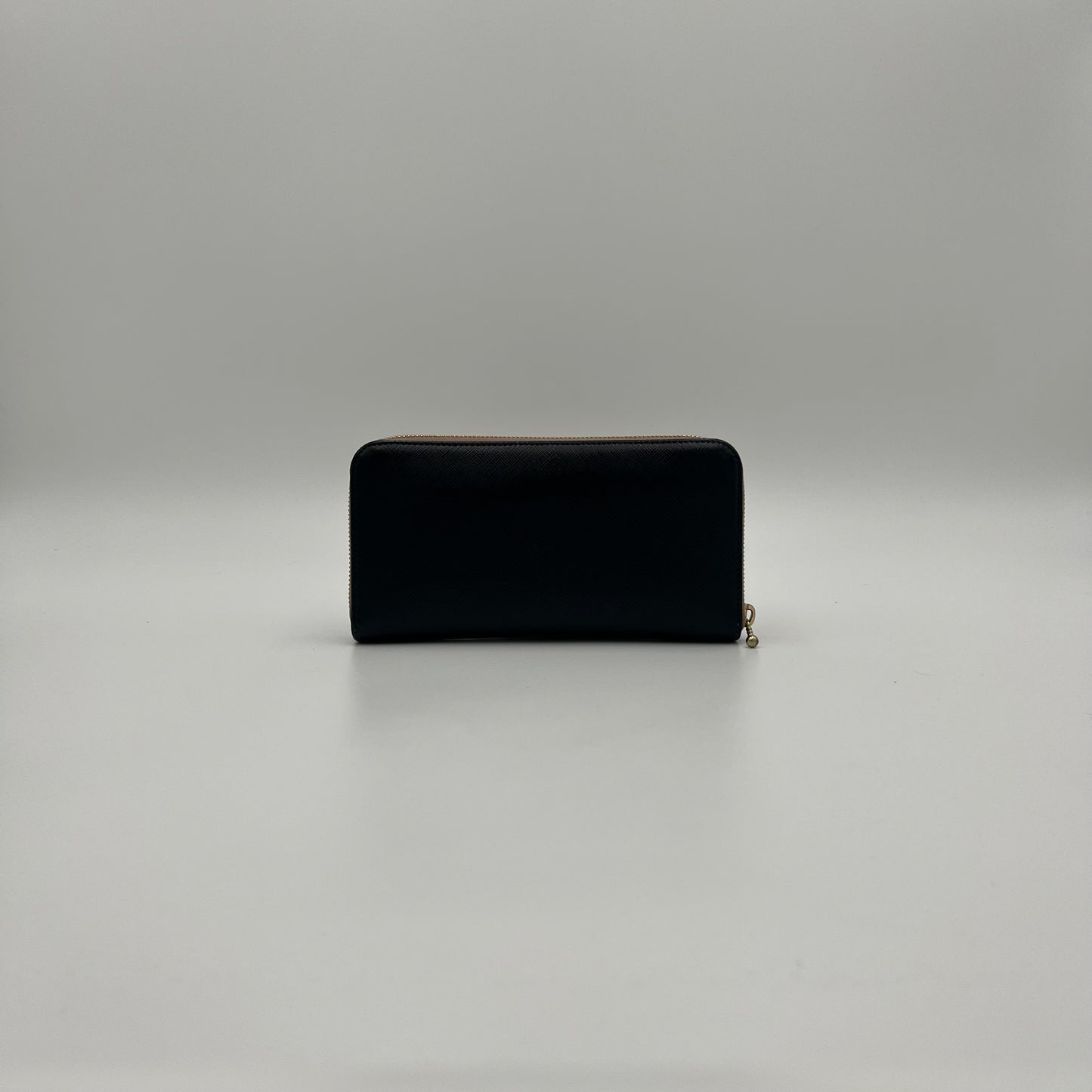 Prada Black Saffiano and Nude Pink Plate Long Zip Around Wallet