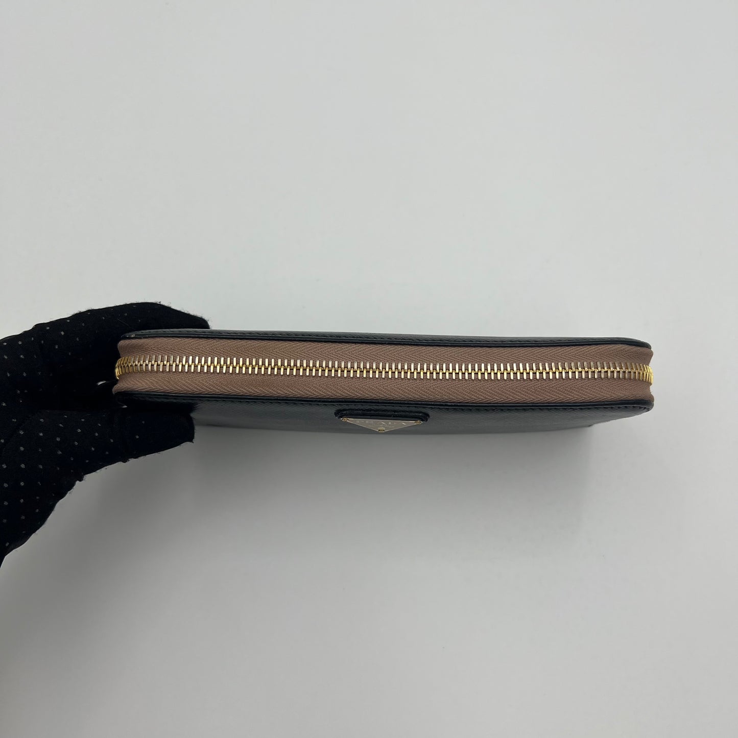 Prada Black Saffiano and Nude Pink Plate Long Zip Around Wallet