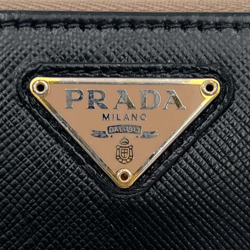 Prada Black Saffiano and Nude Pink Plate Long Zip Around Wallet