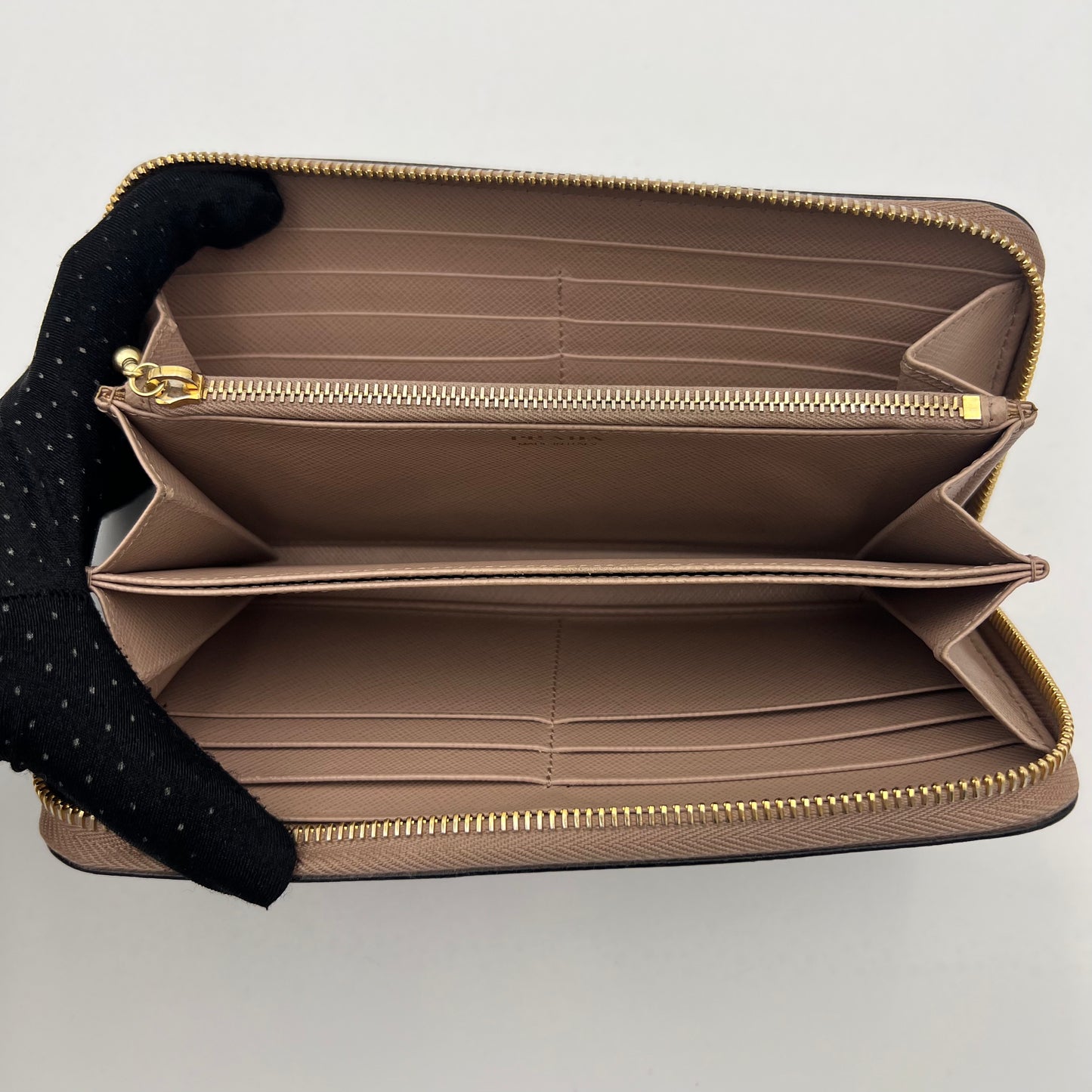 Prada Black Saffiano and Nude Pink Plate Long Zip Around Wallet