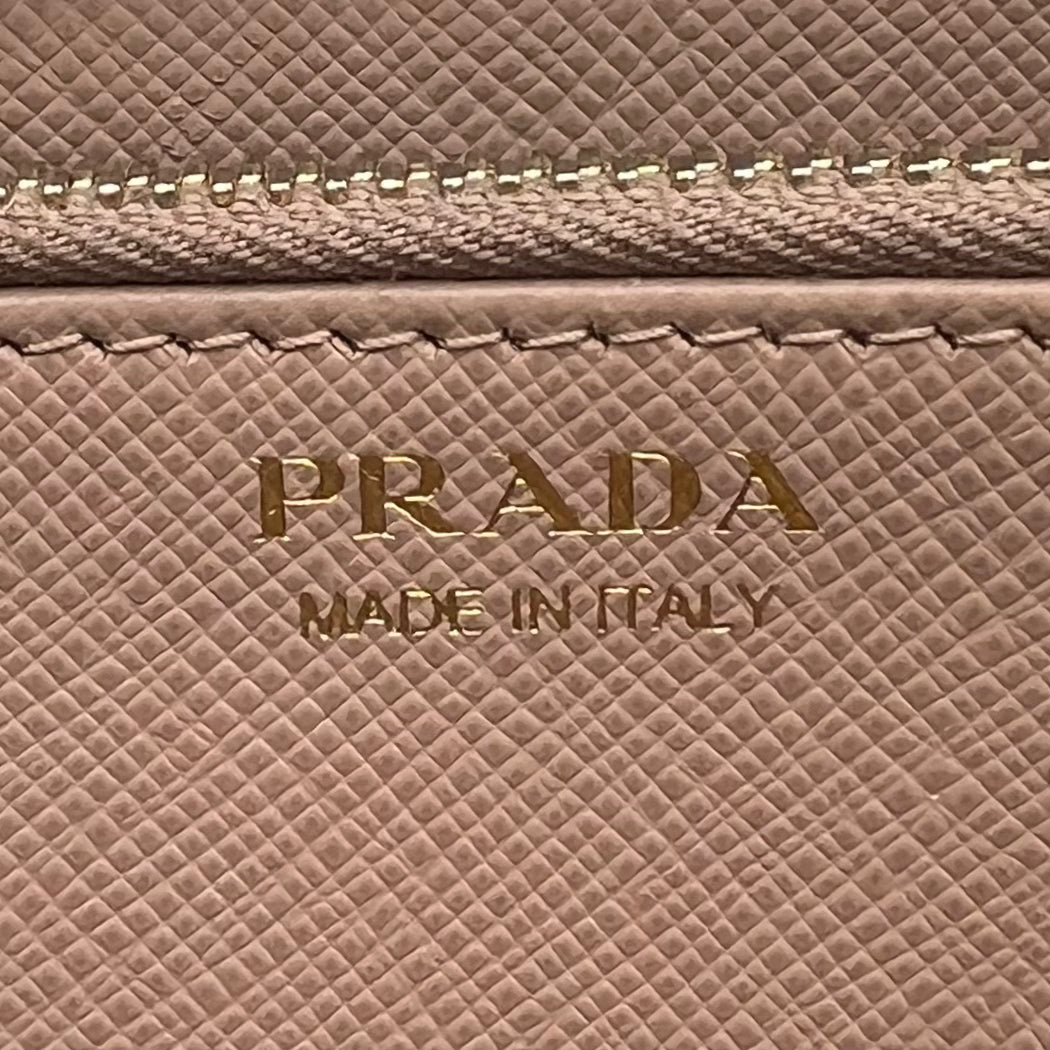 Prada Black Saffiano and Nude Pink Plate Long Zip Around Wallet