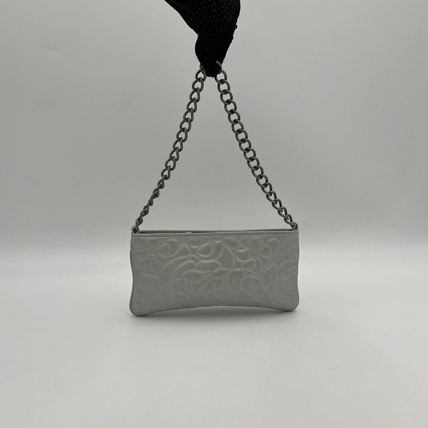 Chanel Silver Camelia Leather Chain Pochette