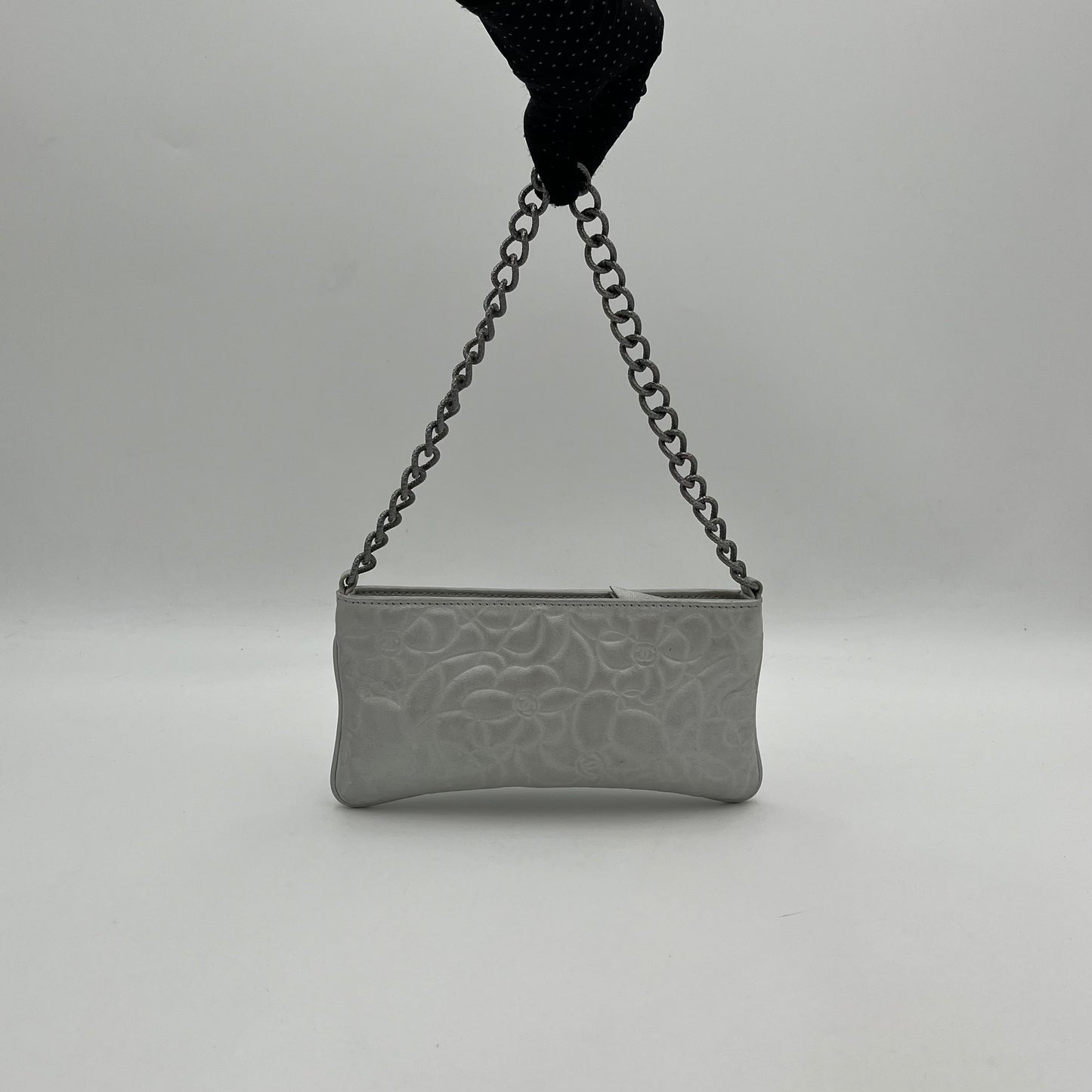 Chanel Silver Camelia Leather Chain Pochette