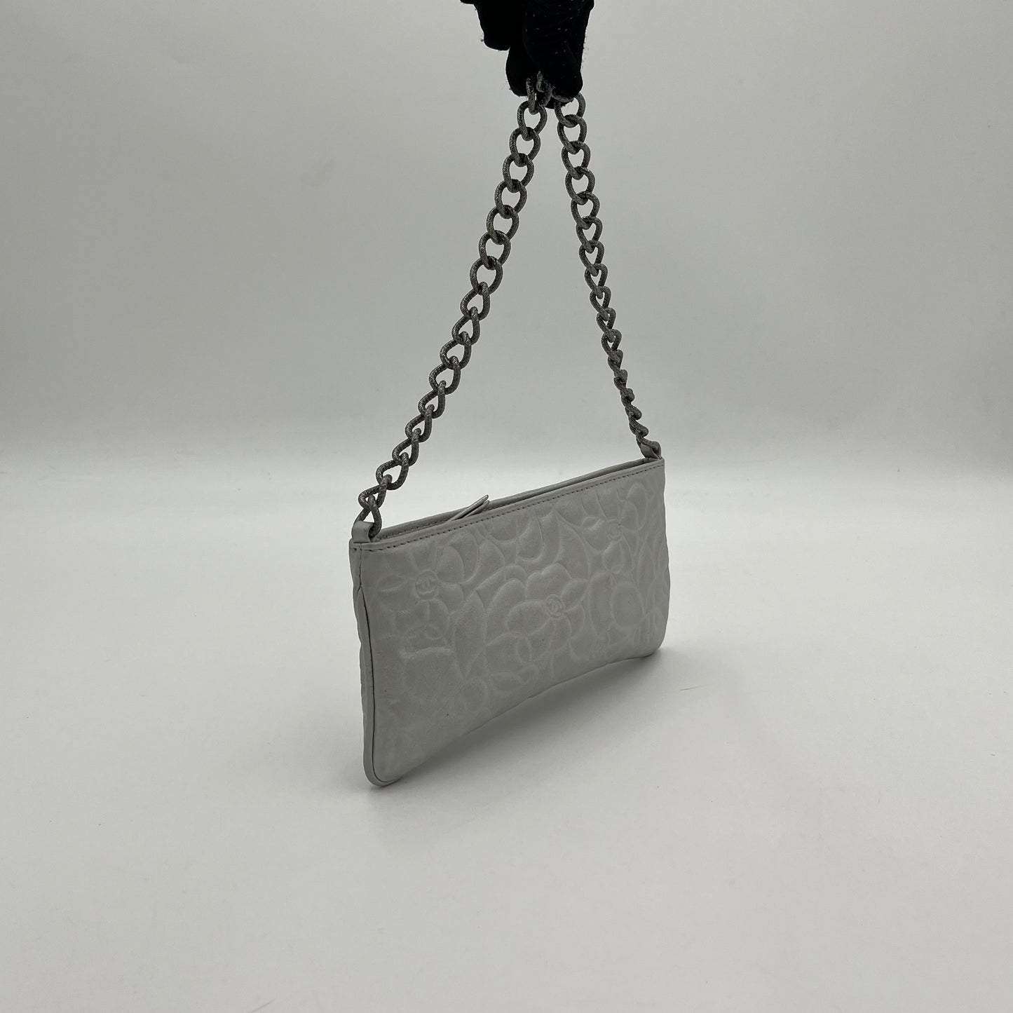 Chanel Silver Camelia Leather Chain Pochette