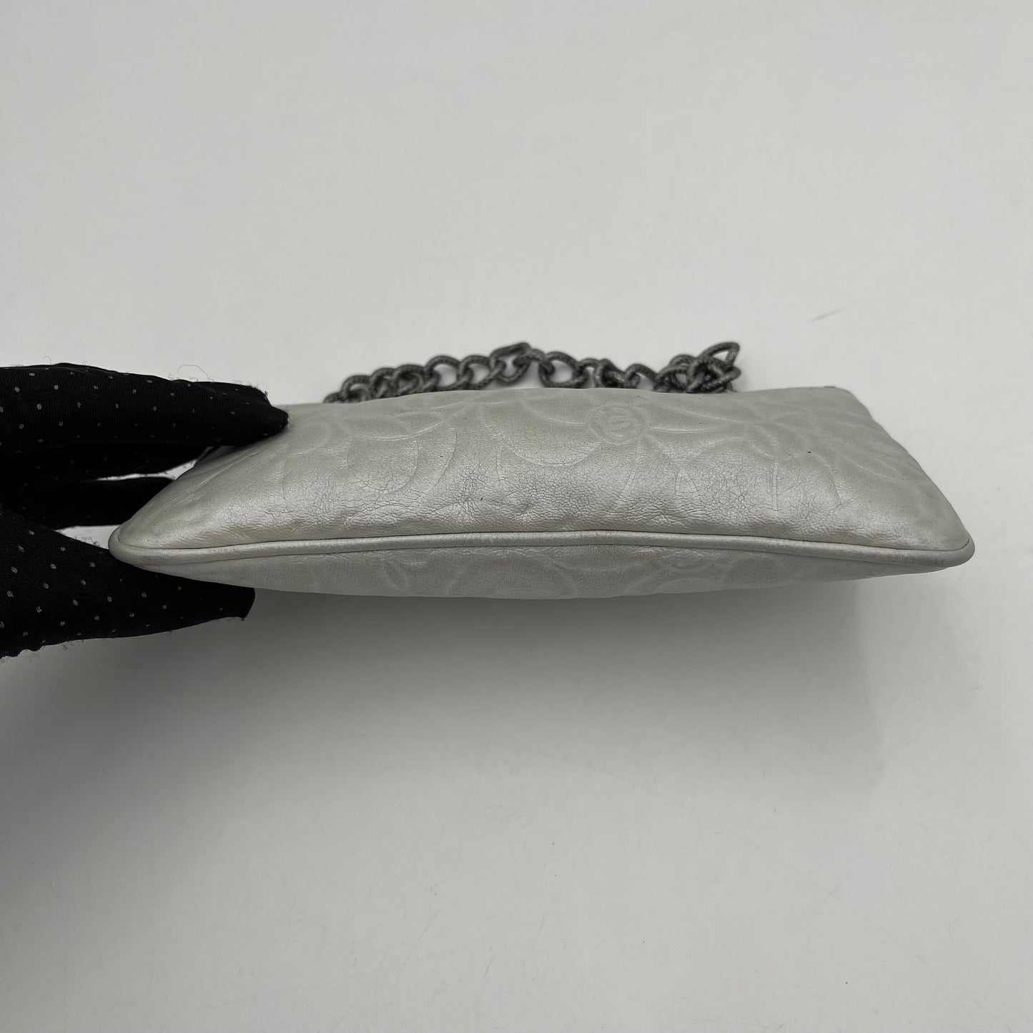 Chanel Silver Camelia Leather Chain Pochette