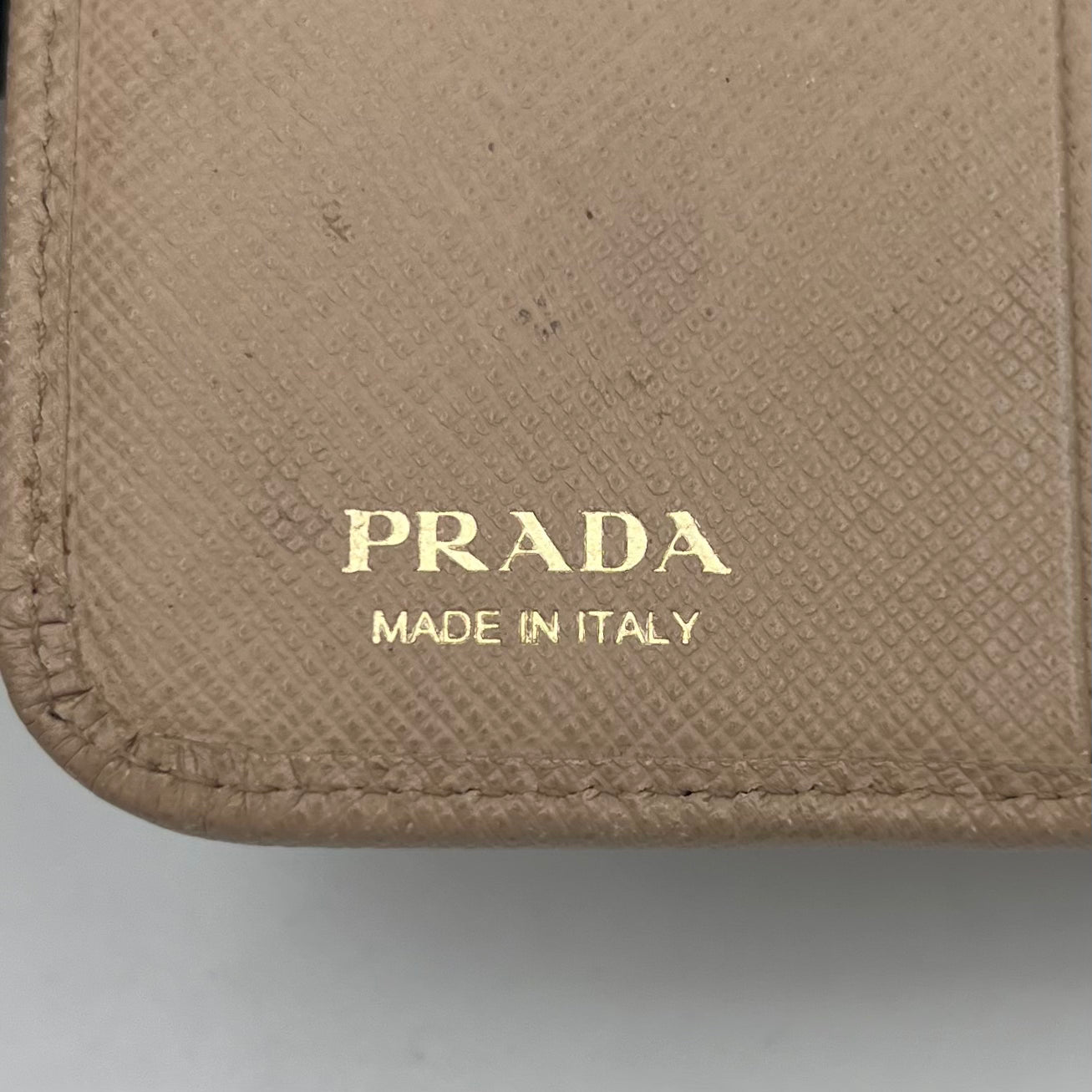 Prada Beige Saffiano Bifold Compact Zippy Wallet GHW