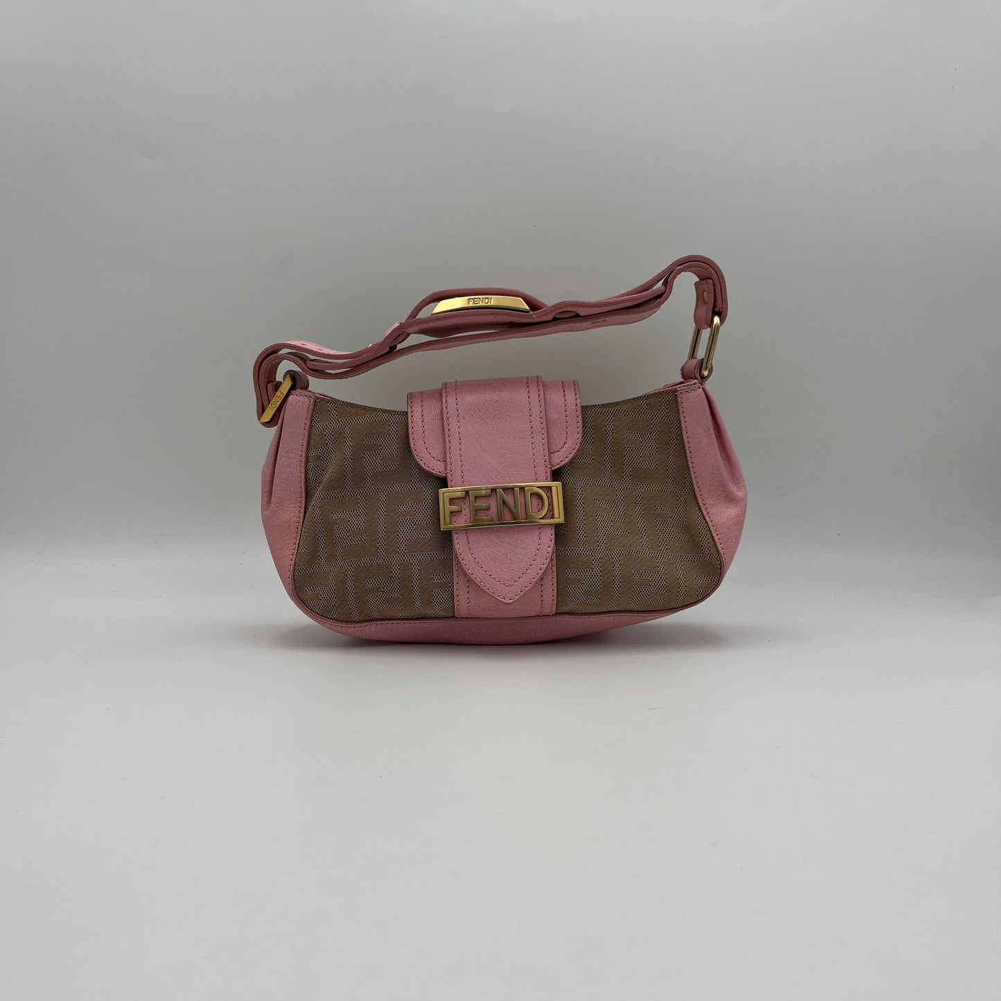 Fendi Beige Zucca Pink Leather Logo Plate Baguette