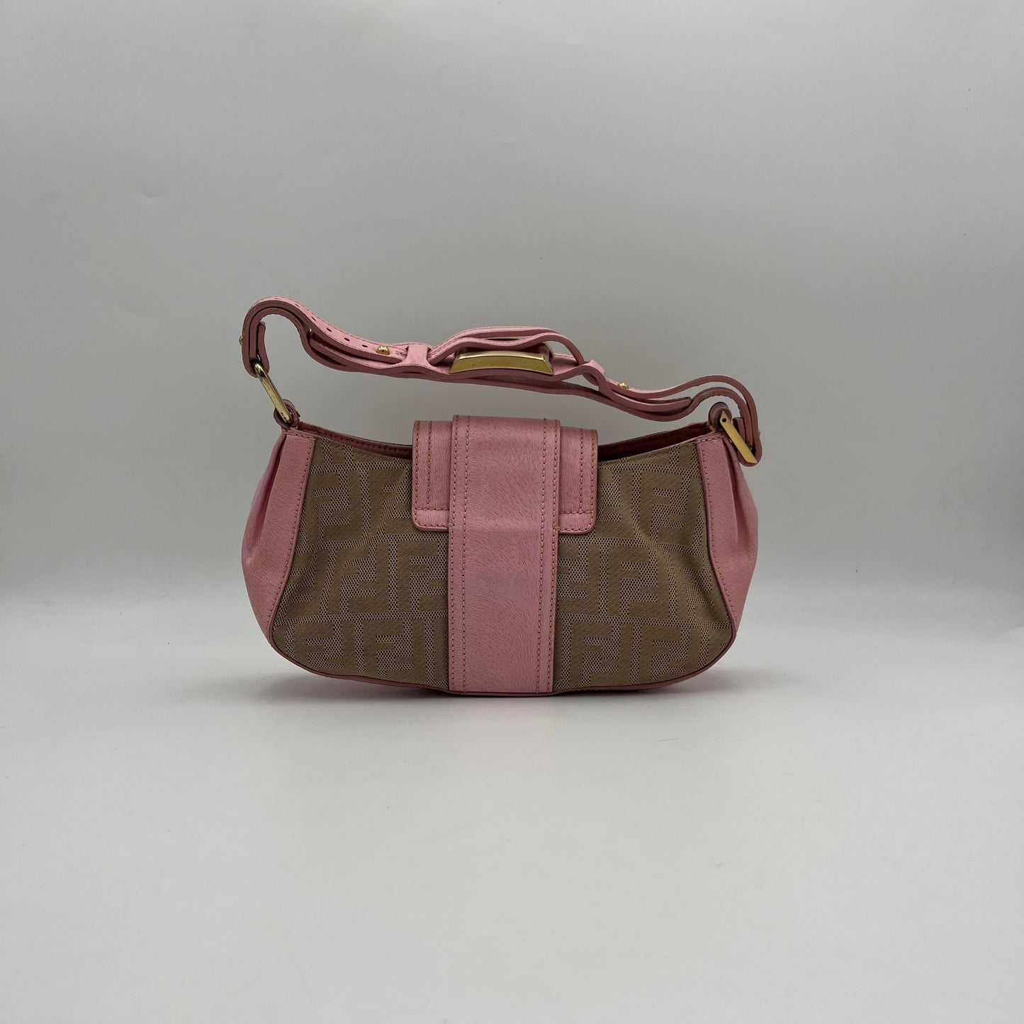 Fendi Beige Zucca Pink Leather Logo Plate Baguette