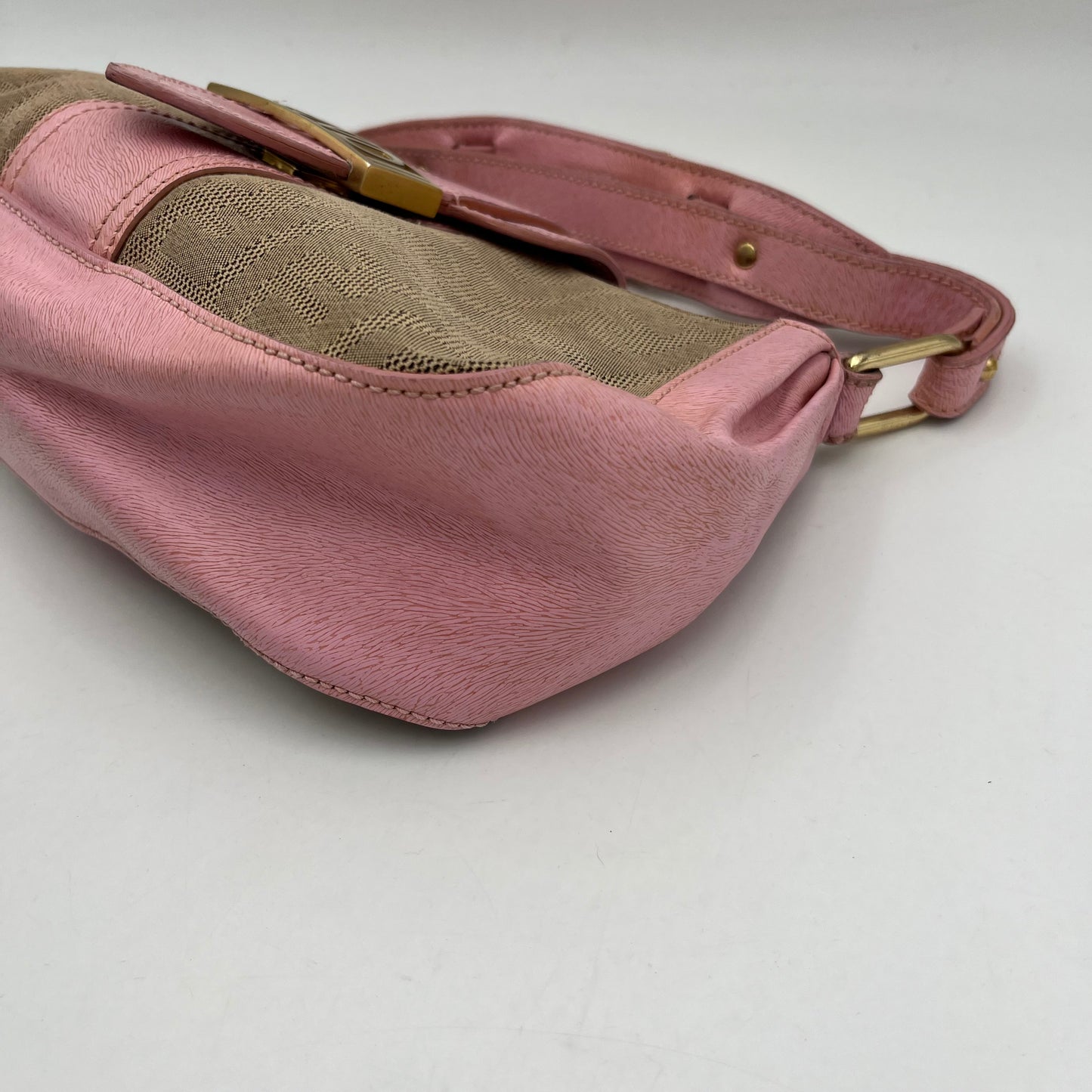 Fendi Beige Zucca Pink Leather Logo Plate Baguette