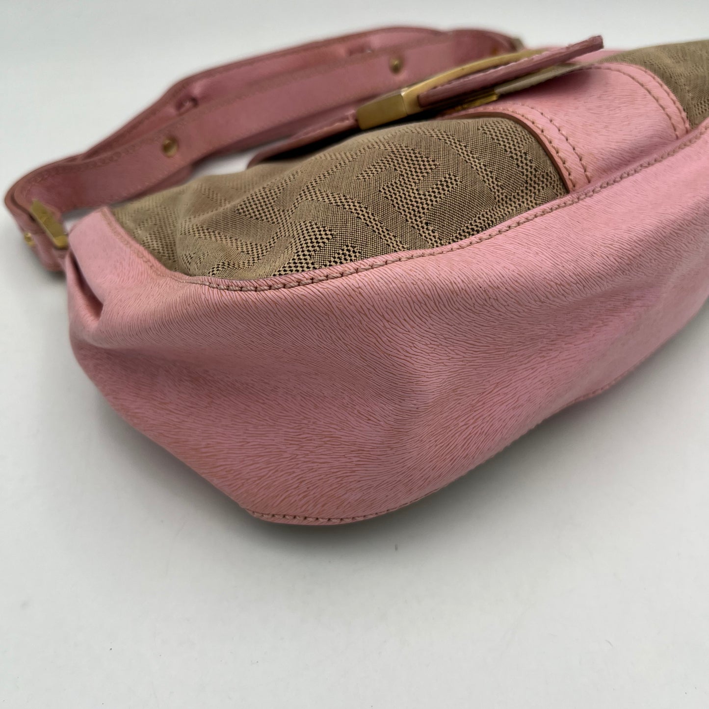 Fendi Beige Zucca Pink Leather Logo Plate Baguette