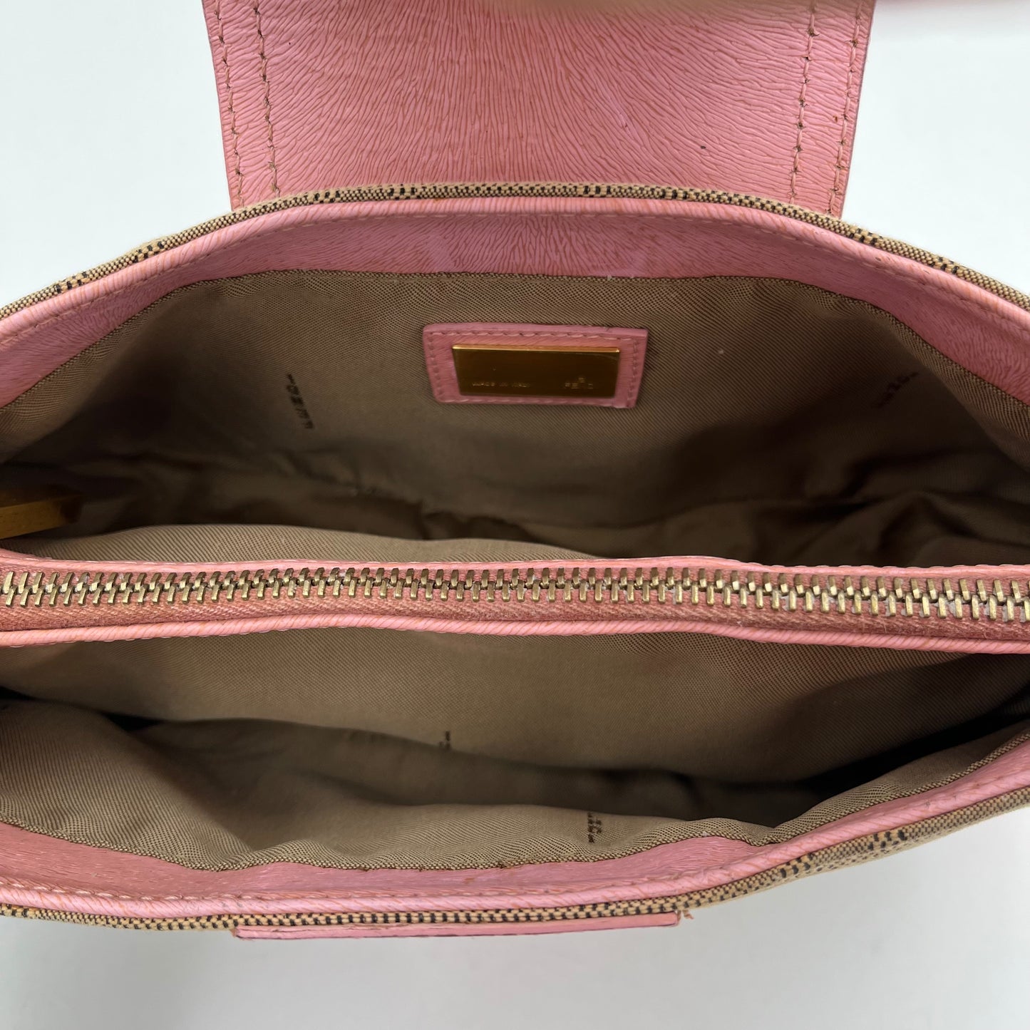 Fendi Beige Zucca Pink Leather Logo Plate Baguette