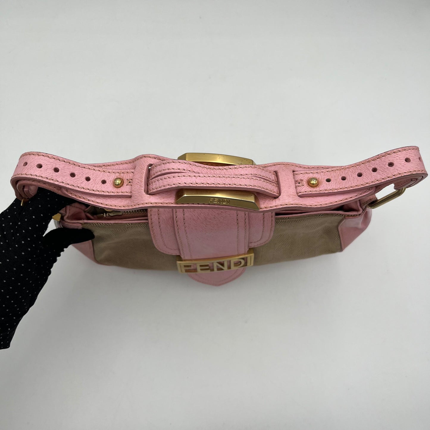 Fendi Beige Zucca Pink Leather Logo Plate Baguette