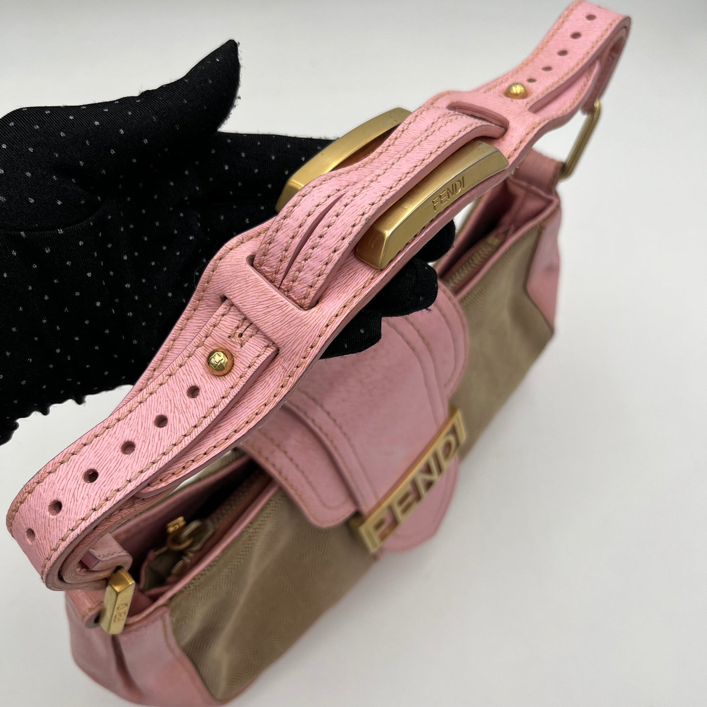 Fendi Beige Zucca Pink Leather Logo Plate Baguette