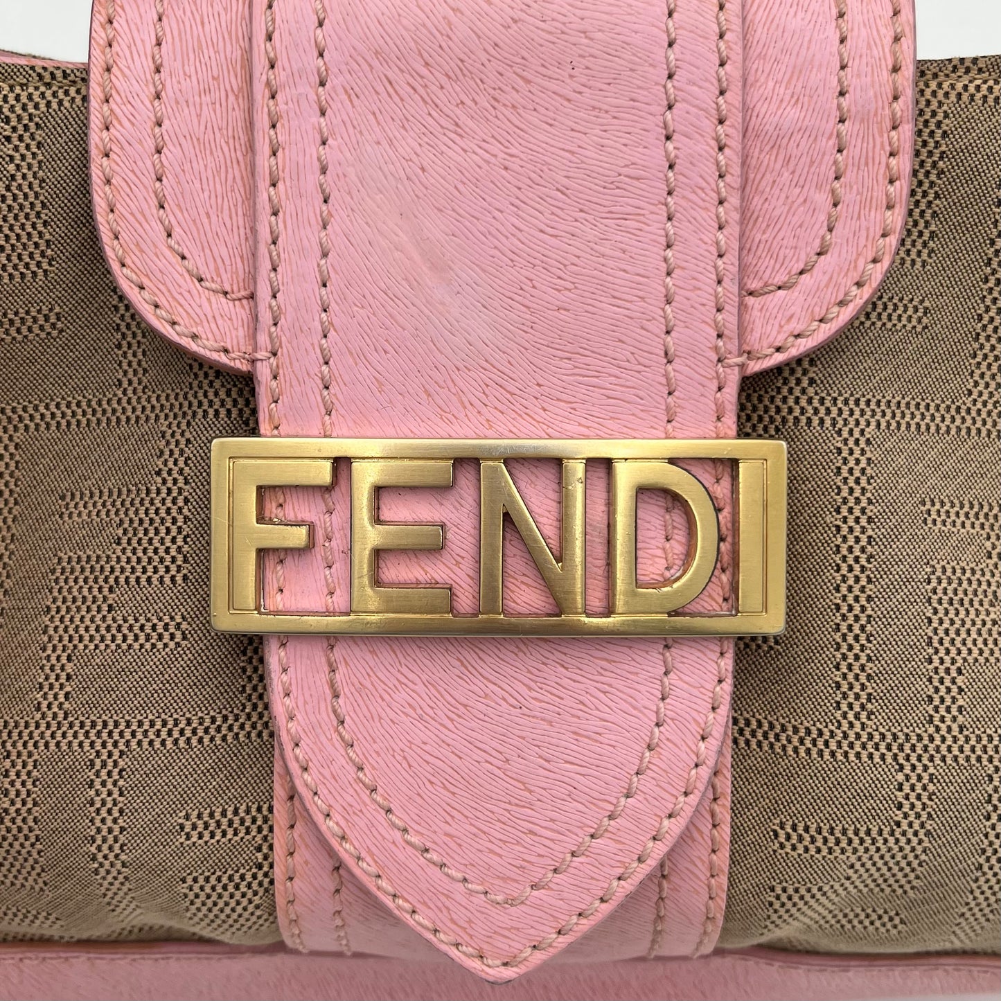 Fendi Beige Zucca Pink Leather Logo Plate Baguette