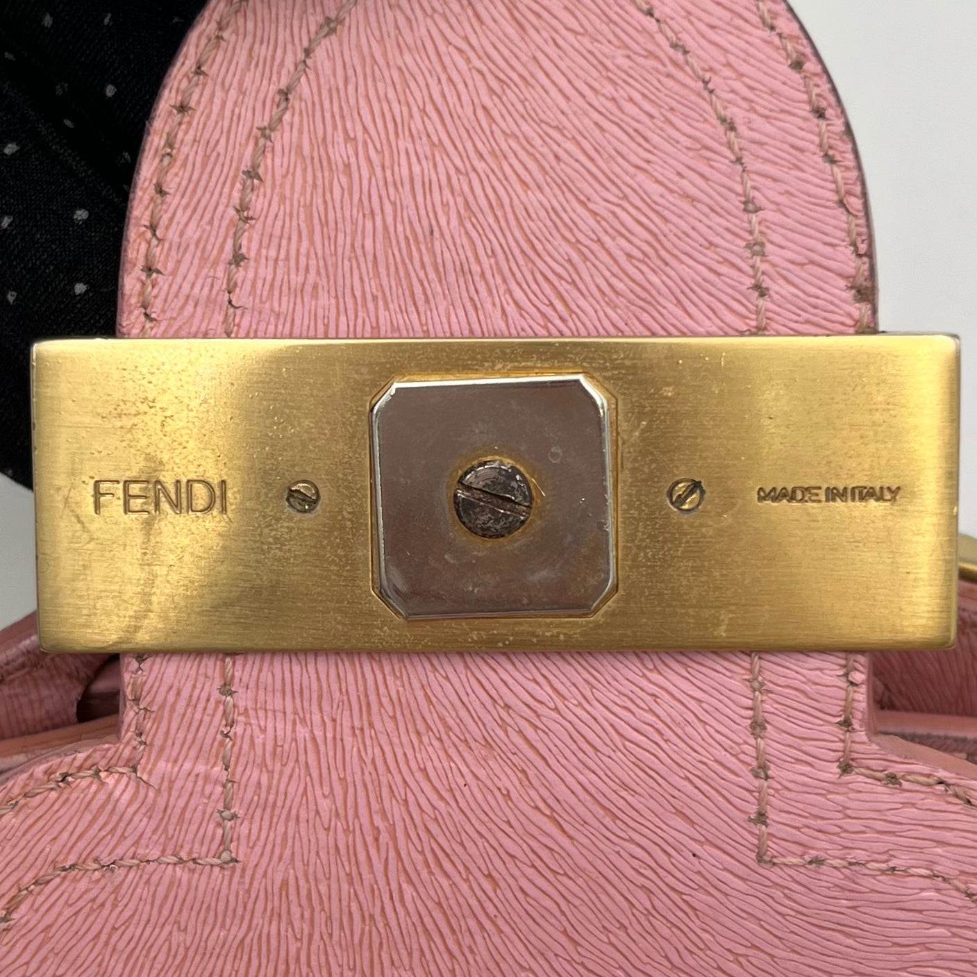 Fendi Beige Zucca Pink Leather Logo Plate Baguette