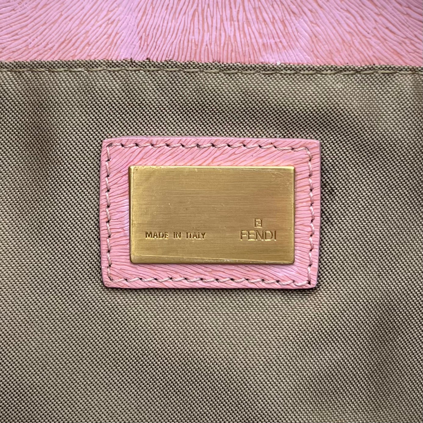 Fendi Beige Zucca Pink Leather Logo Plate Baguette