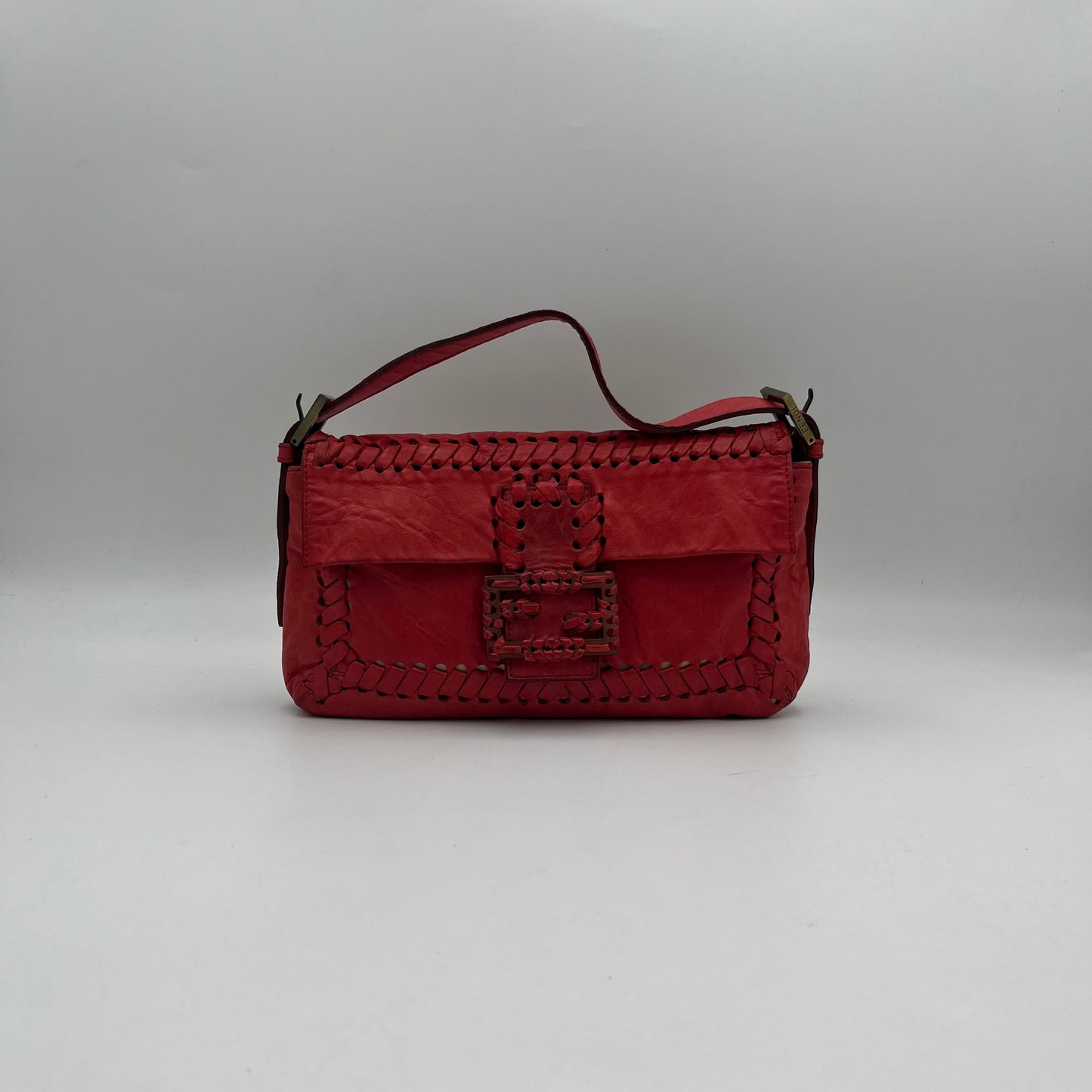 Fendi Red Leather Whipstitch Baguette