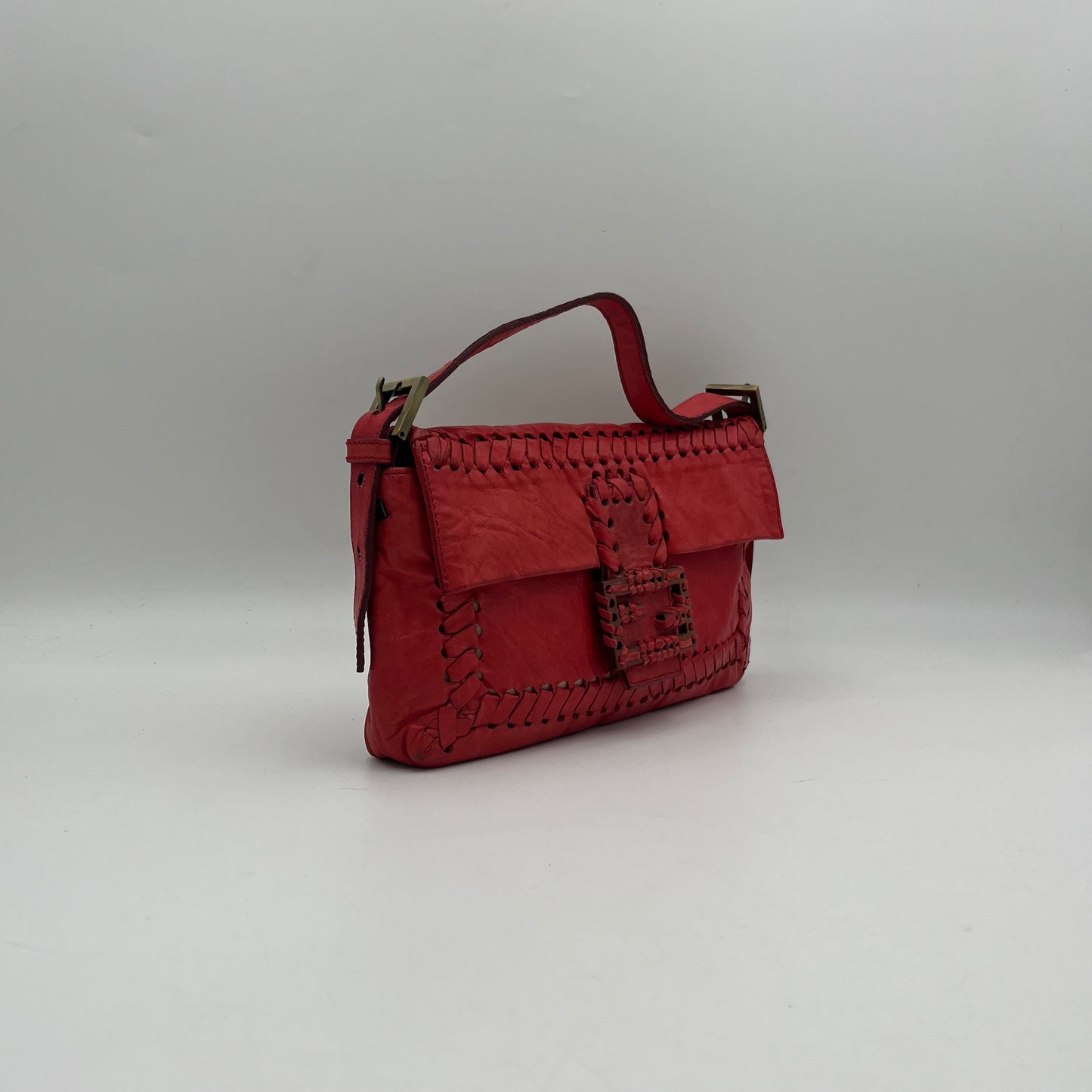 Fendi Red Leather Whipstitch Baguette