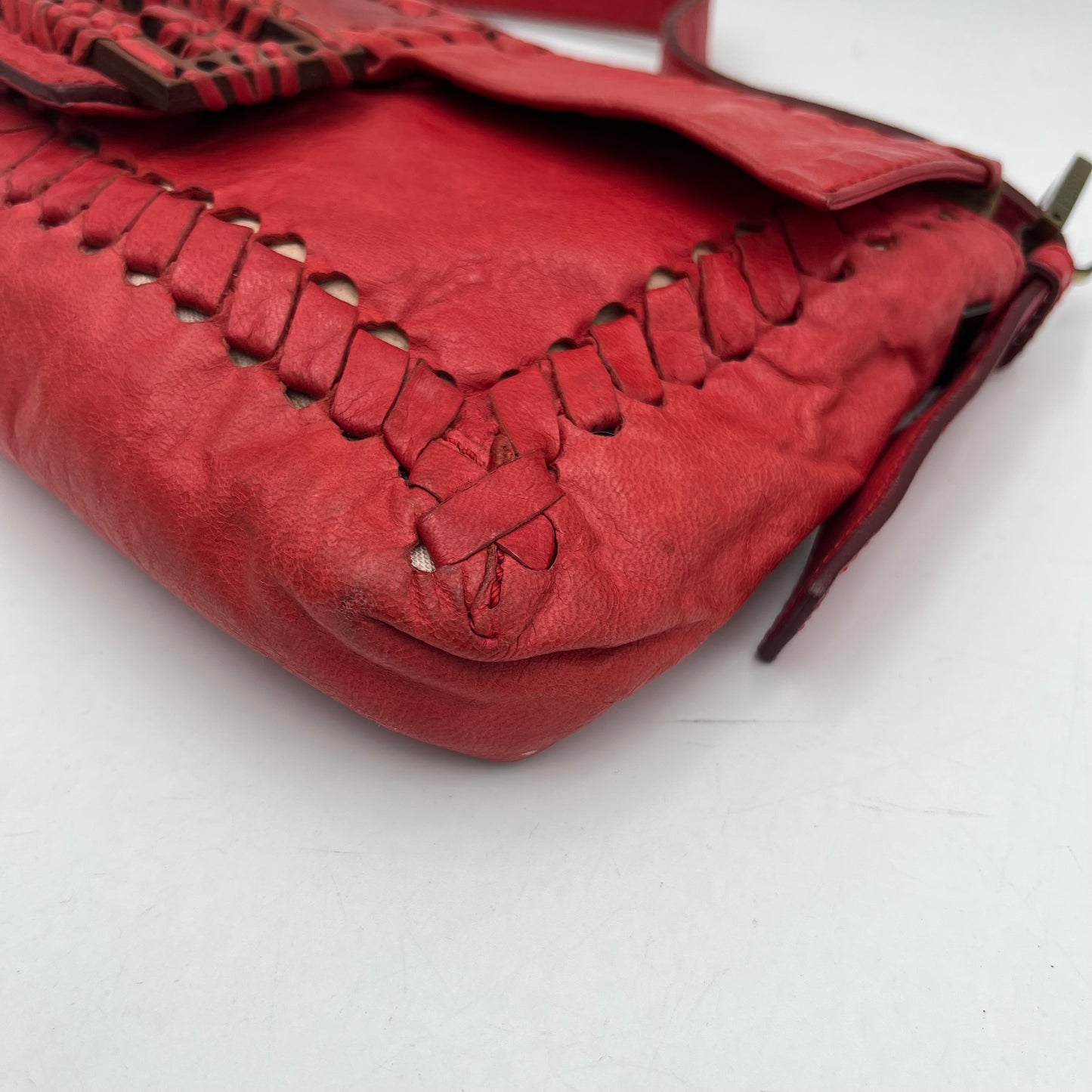Fendi Red Leather Whipstitch Baguette