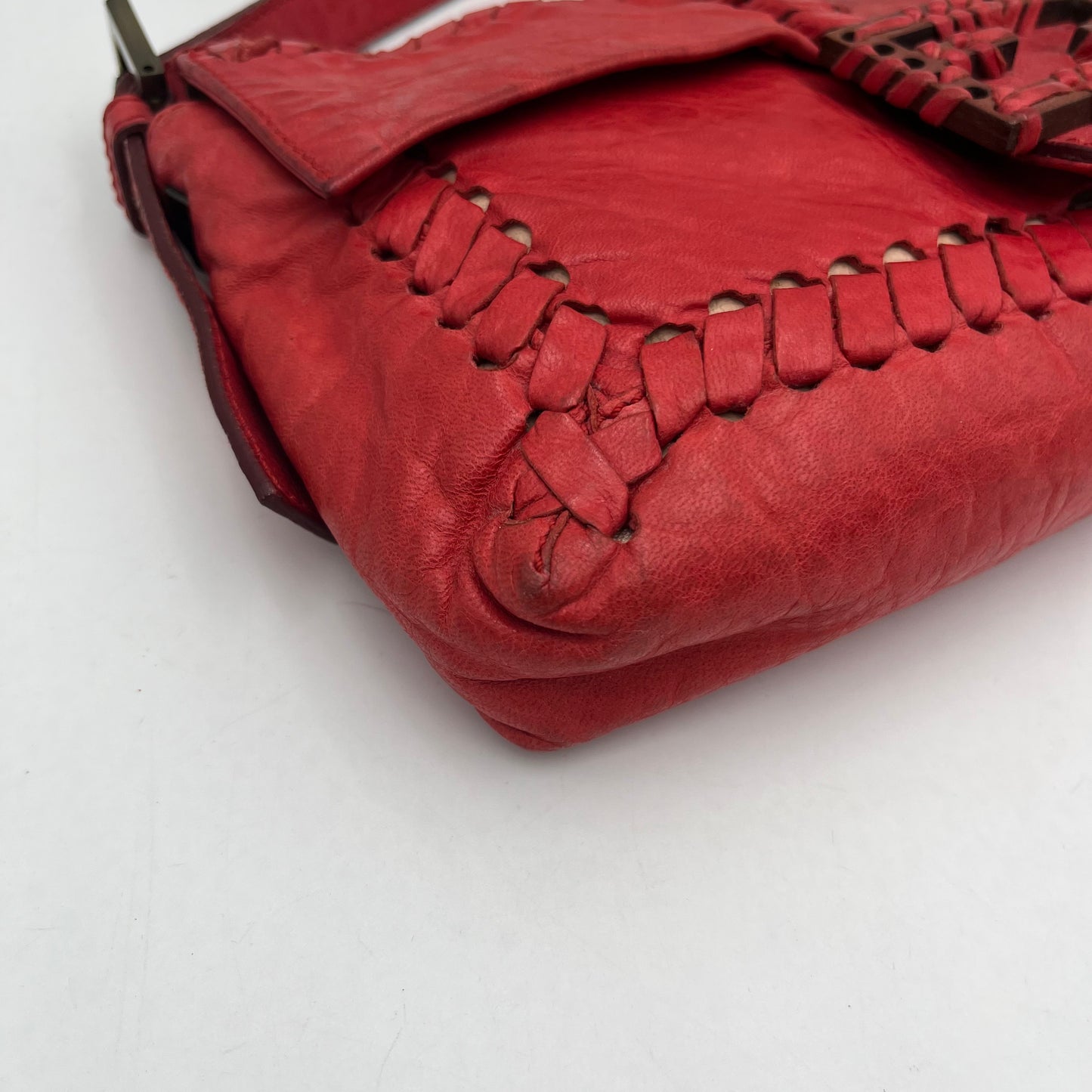 Fendi Red Leather Whipstitch Baguette