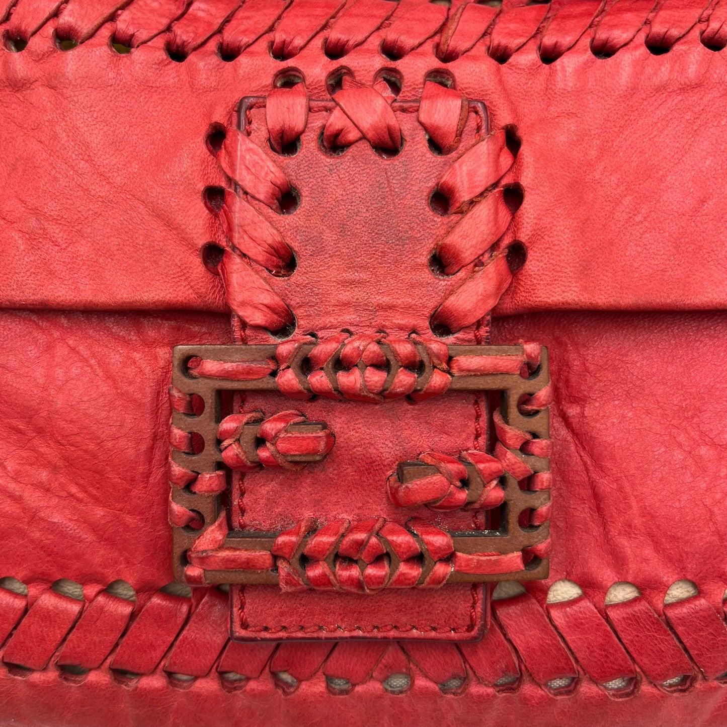 Fendi Red Leather Whipstitch Baguette