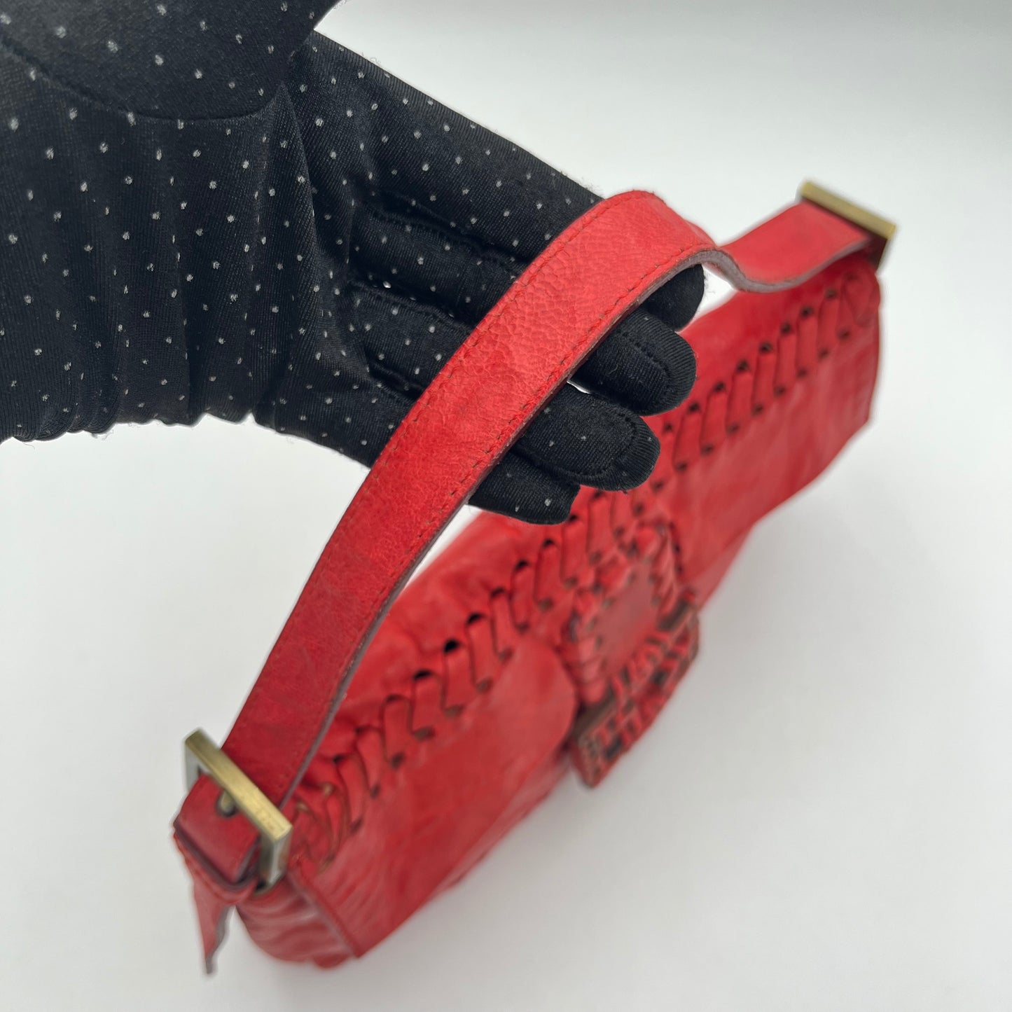 Fendi Red Leather Whipstitch Baguette