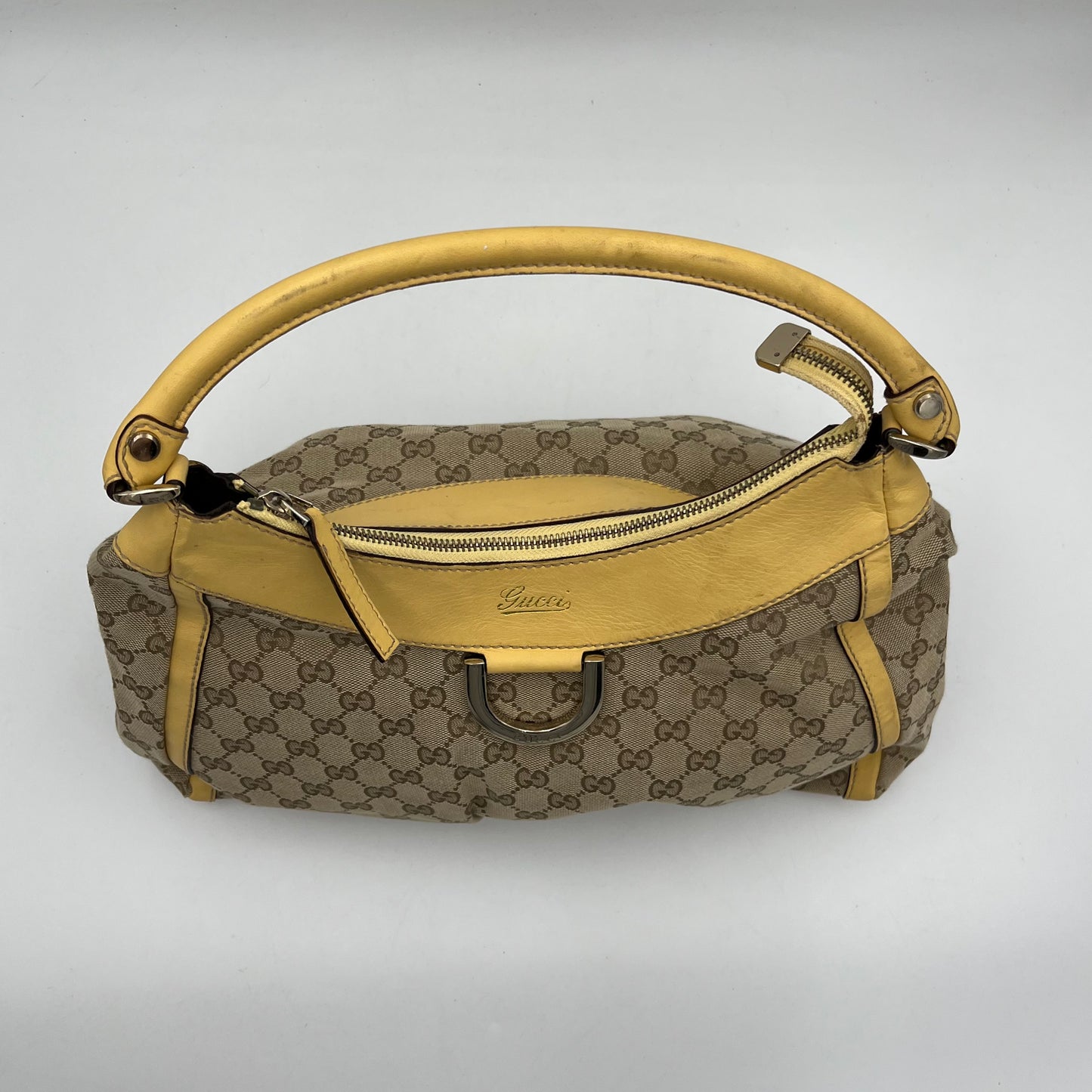 Gucci Monogram Canvas Yellow Leather Abbey D-Ring Hobo Shoulder Bag