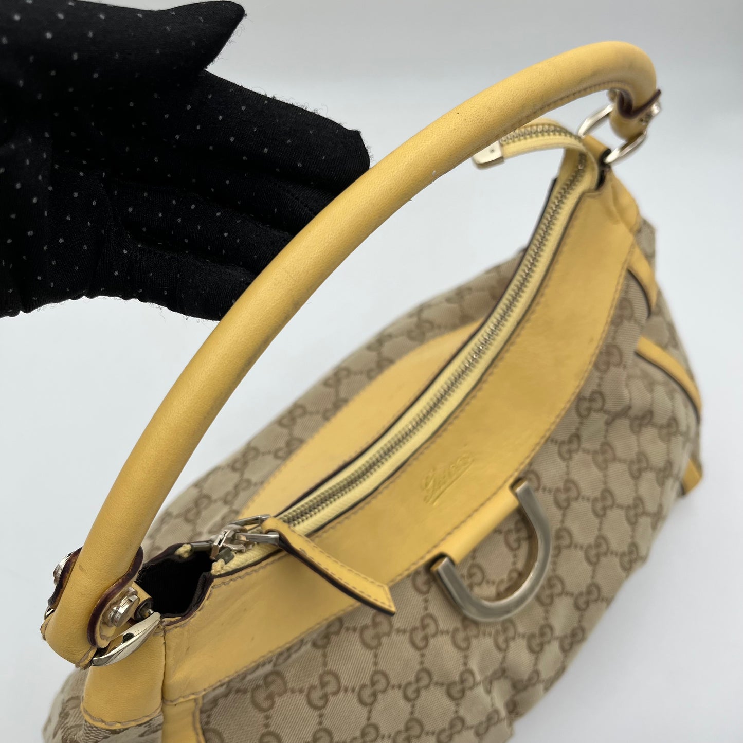 Gucci Monogram Canvas Yellow Leather Abbey D-Ring Hobo Shoulder Bag