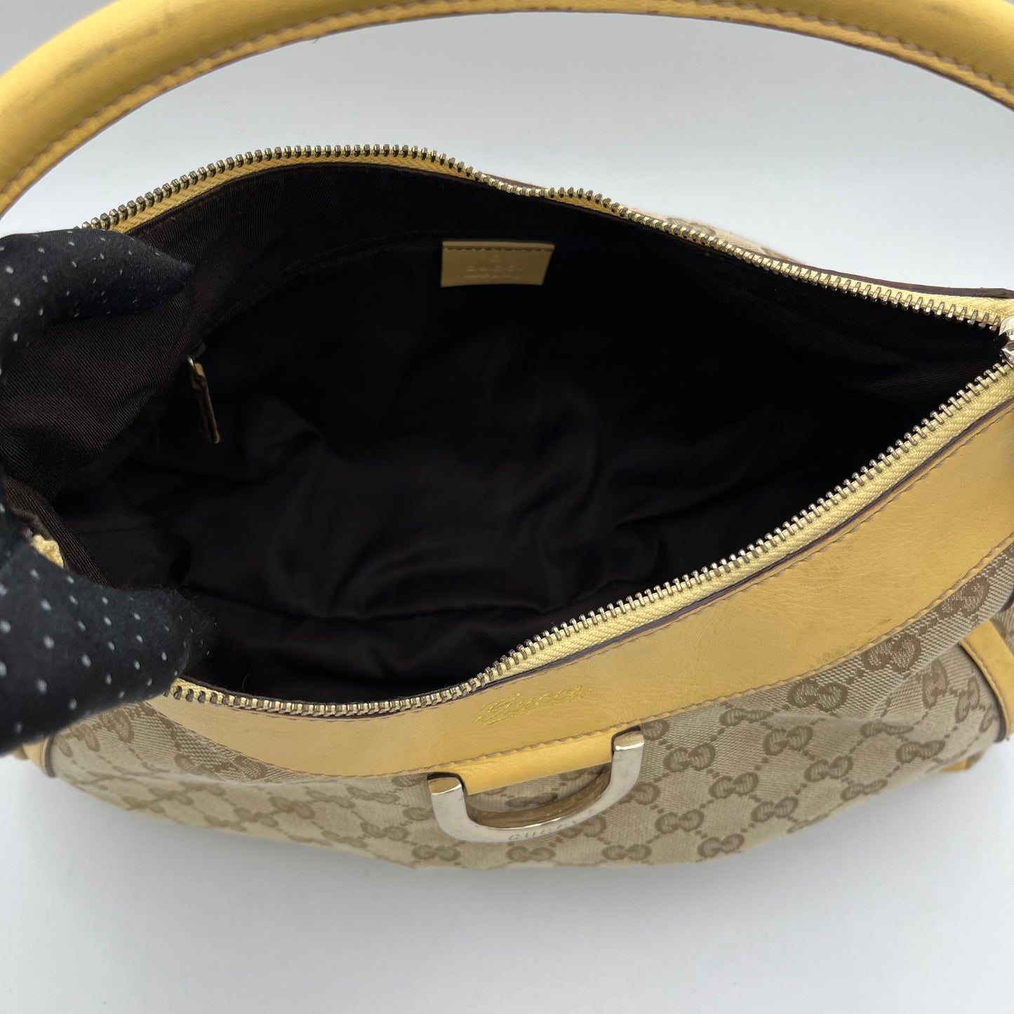 Gucci Monogram Canvas Yellow Leather Abbey D-Ring Hobo Shoulder Bag