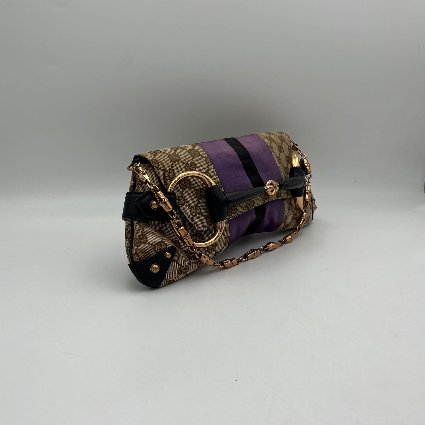 Gucci Tom Ford Monogram Purple Silk Horsebit Chain Shoulder Bag