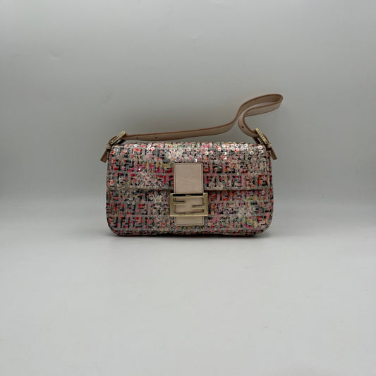 Fendi Pink Floral Zucchino Sequin Embellished Baguette
