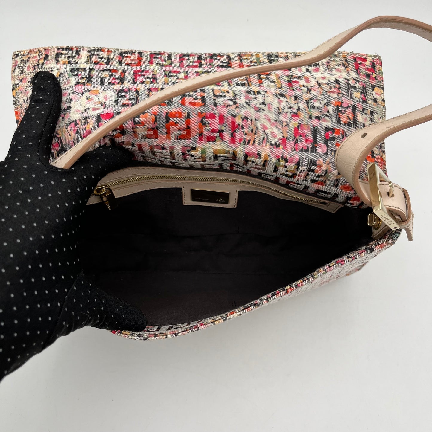 Fendi Pink Floral Zucchino Sequin Embellished Baguette