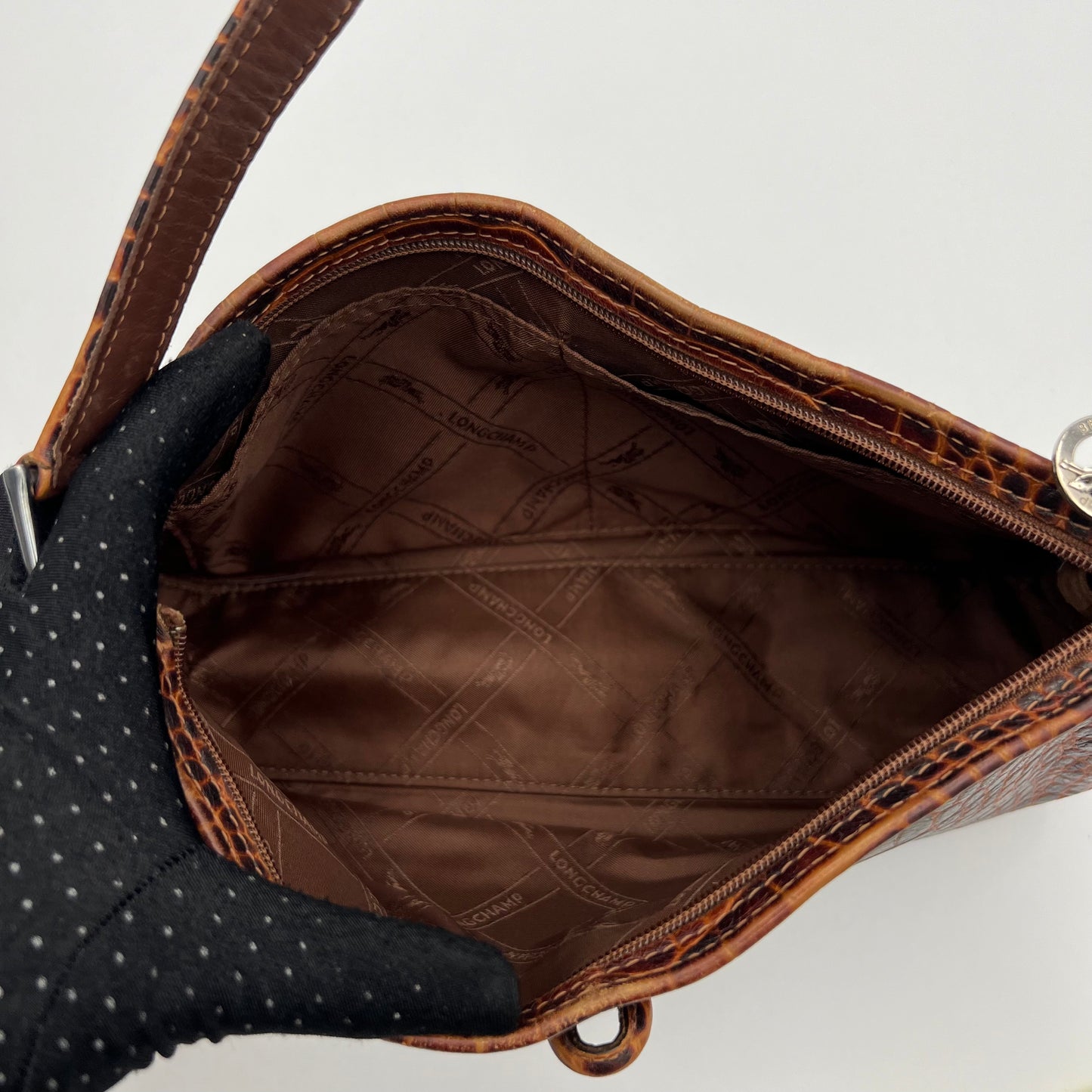 Longchamp Brown Roseau Croc Embossed Shoulder Bag
