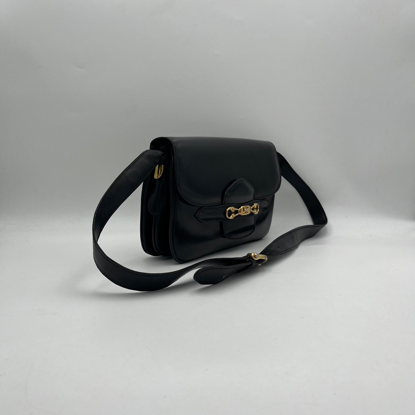 Celine Paris Black Leather Horsebit Horse Carriage Shoulder Bag