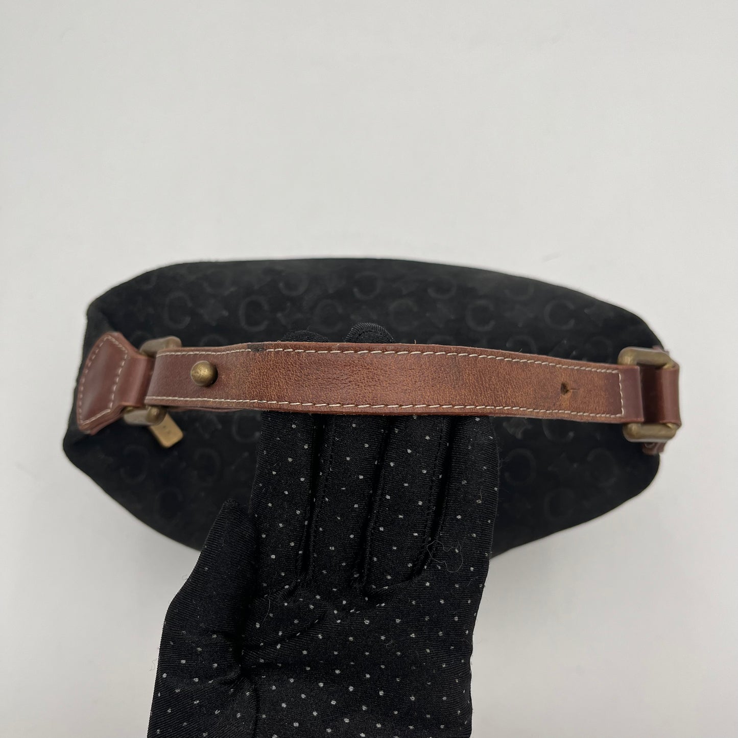 Celine Paris Black C Triomphe Suede Brown Leather Handbag