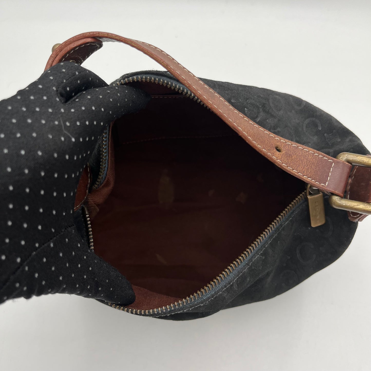 Celine Paris Black C Triomphe Suede Brown Leather Handbag