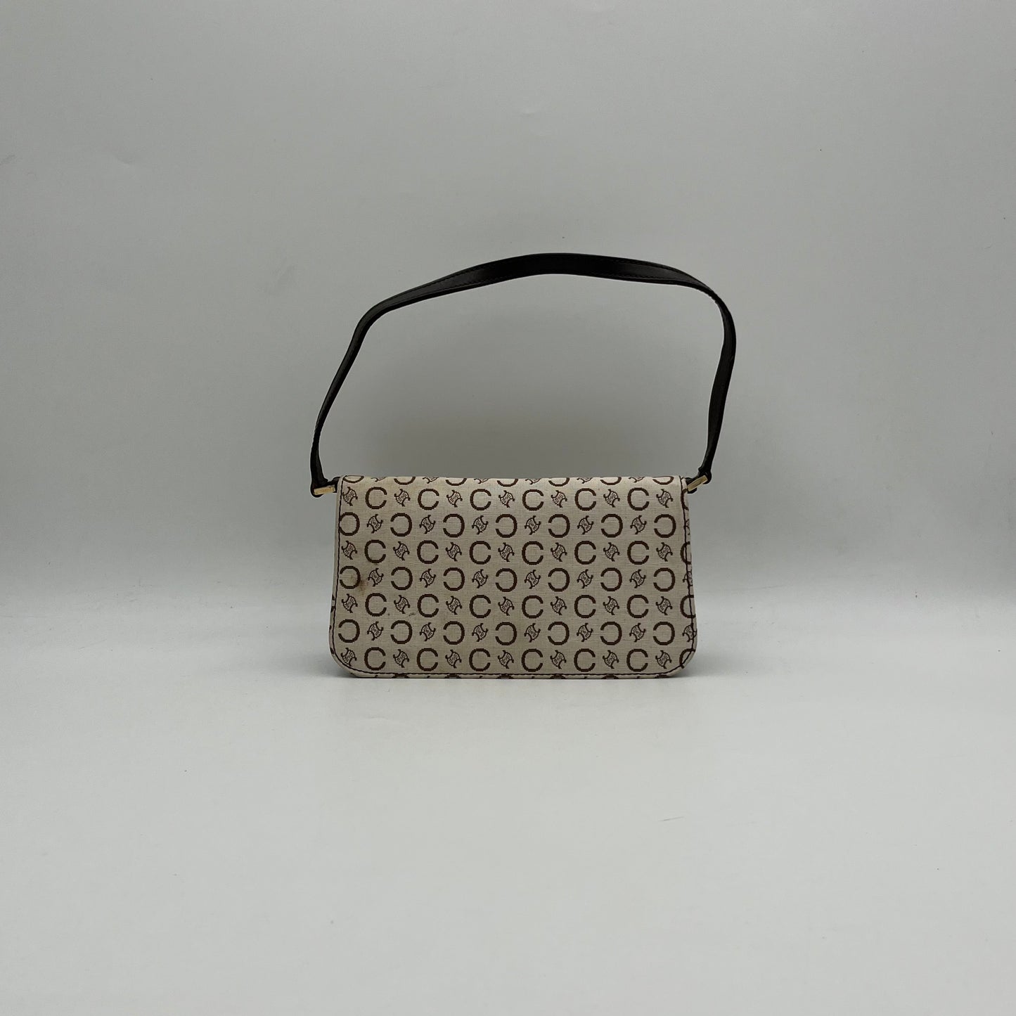 Celine Paris White Cloth Brown Leather C Macadam Flap Baguette