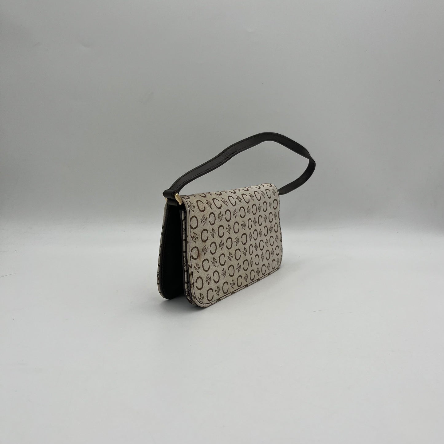Celine Paris White Cloth Brown Leather C Macadam Flap Baguette