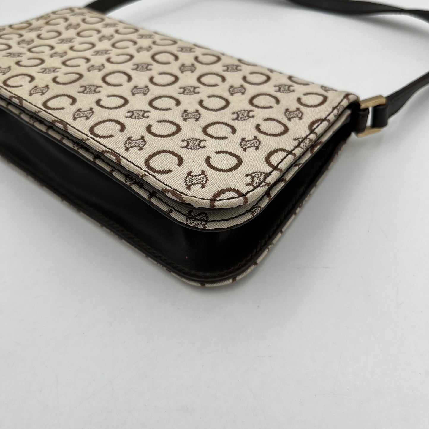Celine Paris White Cloth Brown Leather C Macadam Flap Baguette
