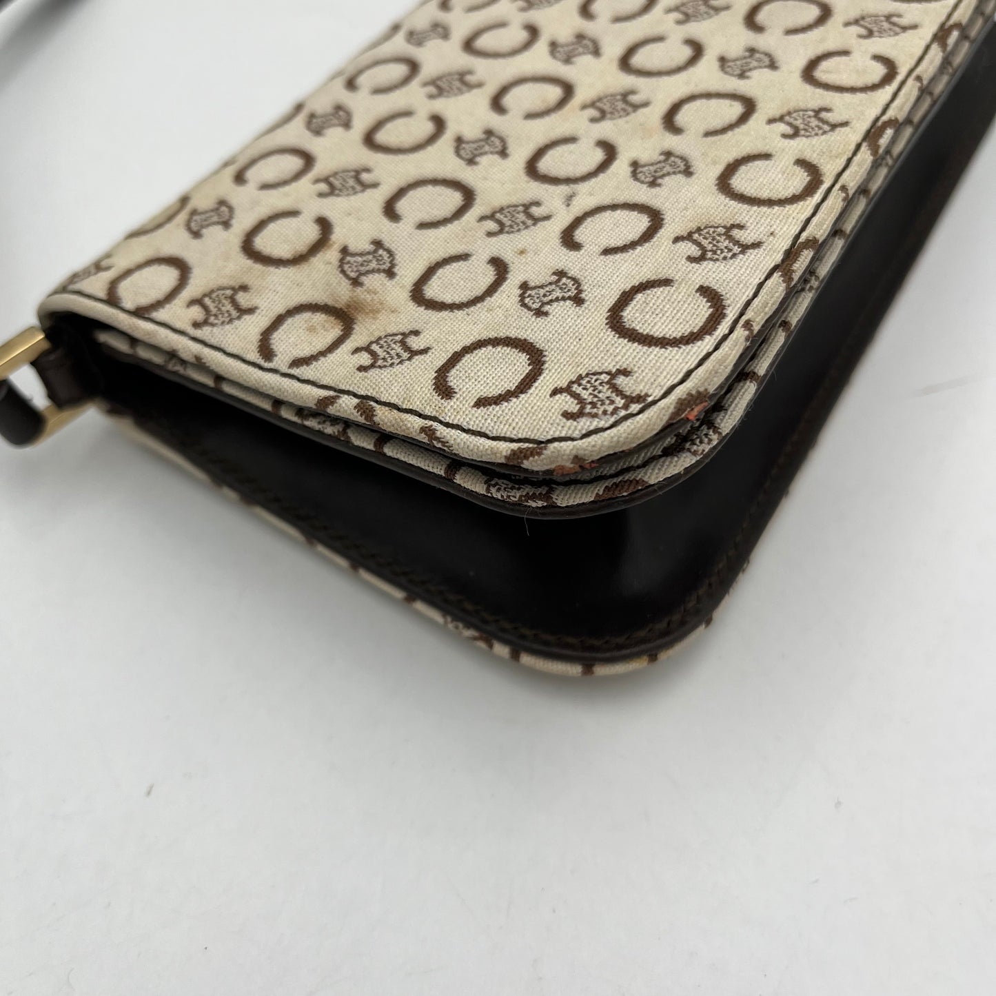 Celine Paris White Cloth Brown Leather C Macadam Flap Baguette