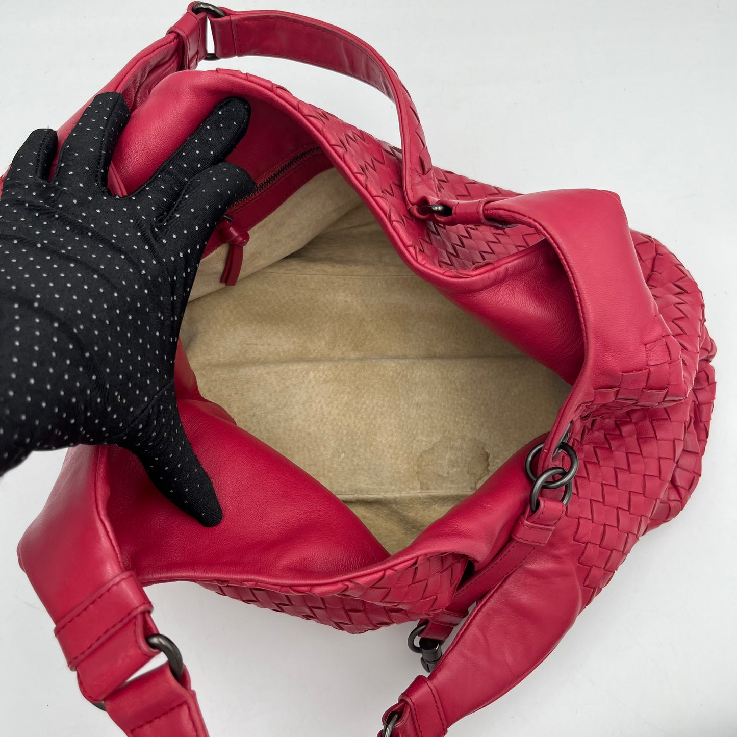 Bottega Veneta Pink Red Intrecciato Campana Hobo Bag