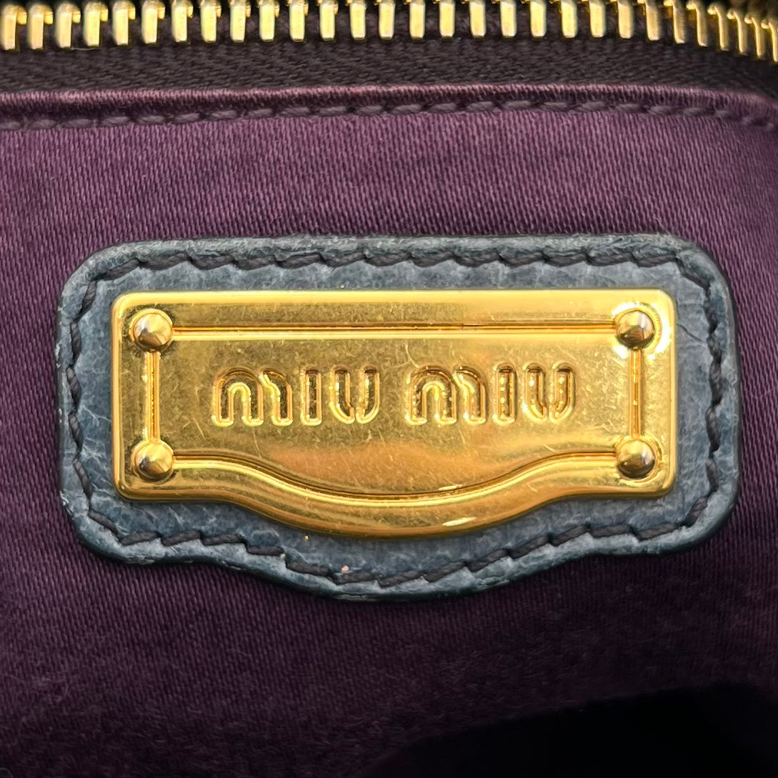 Miu Miu Blue Vitello Lux Bow Two-Way Handbag
