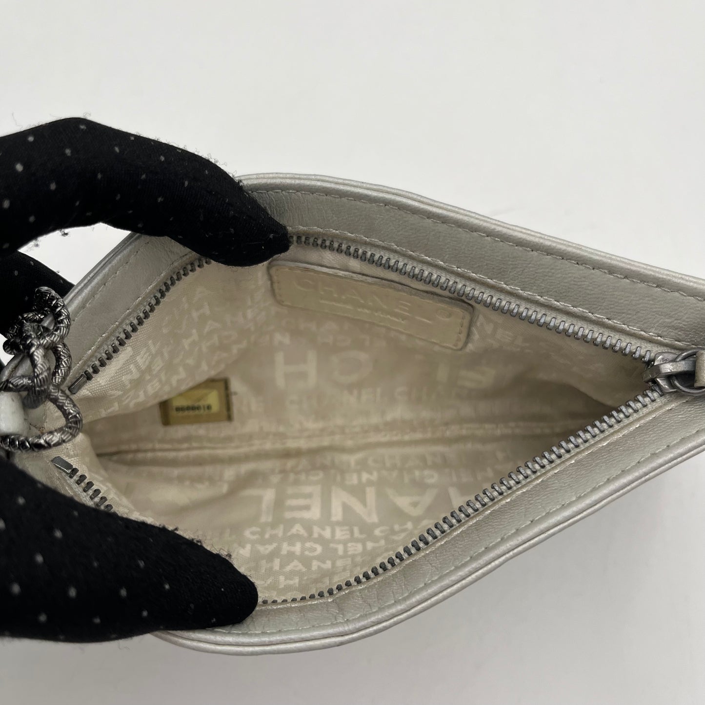 Chanel Silver Camelia Leather Chain Pochette