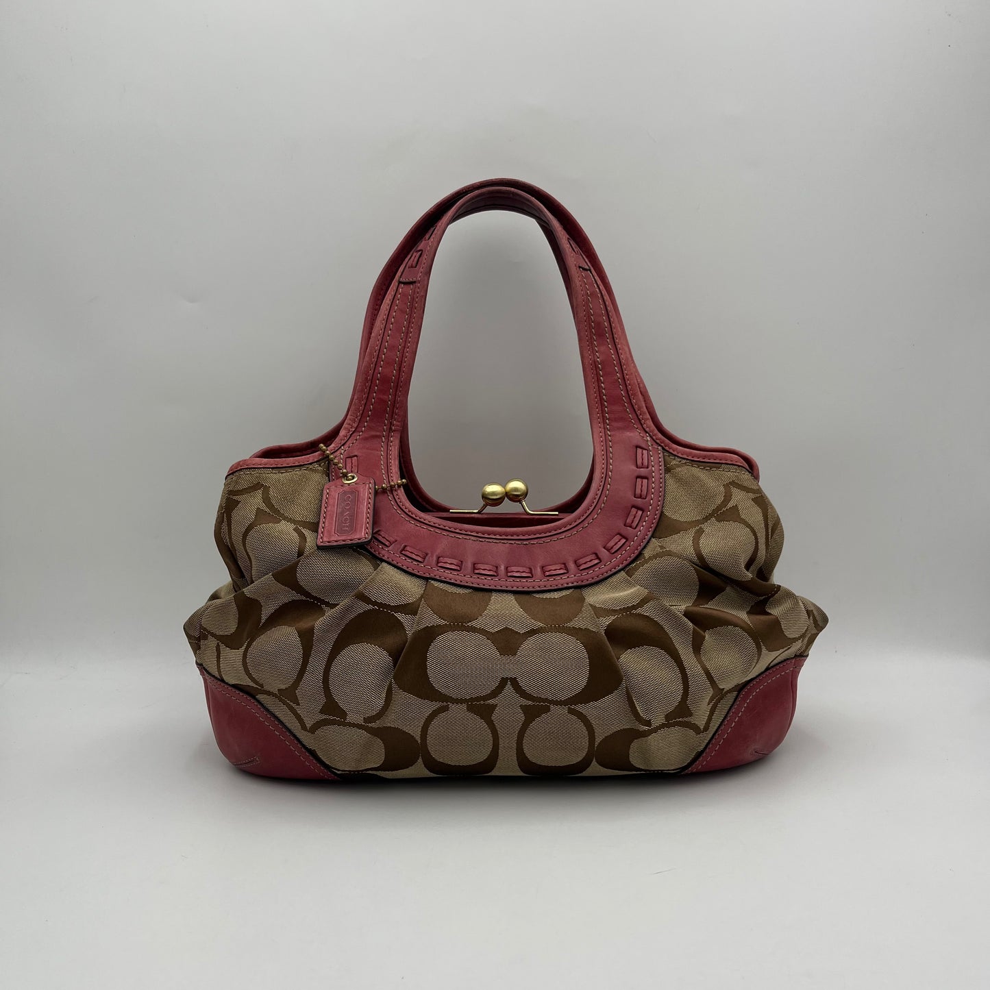 Coach Brown Big C Signature Canvas Pink Leather Large Ergo Shoulder Bag