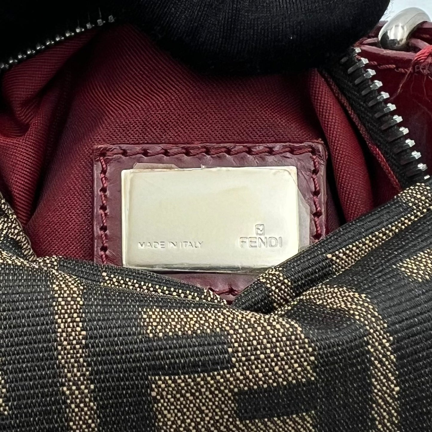 Fendi Tobacco Zucca and Studded Burgundy Leather Oyster Bag