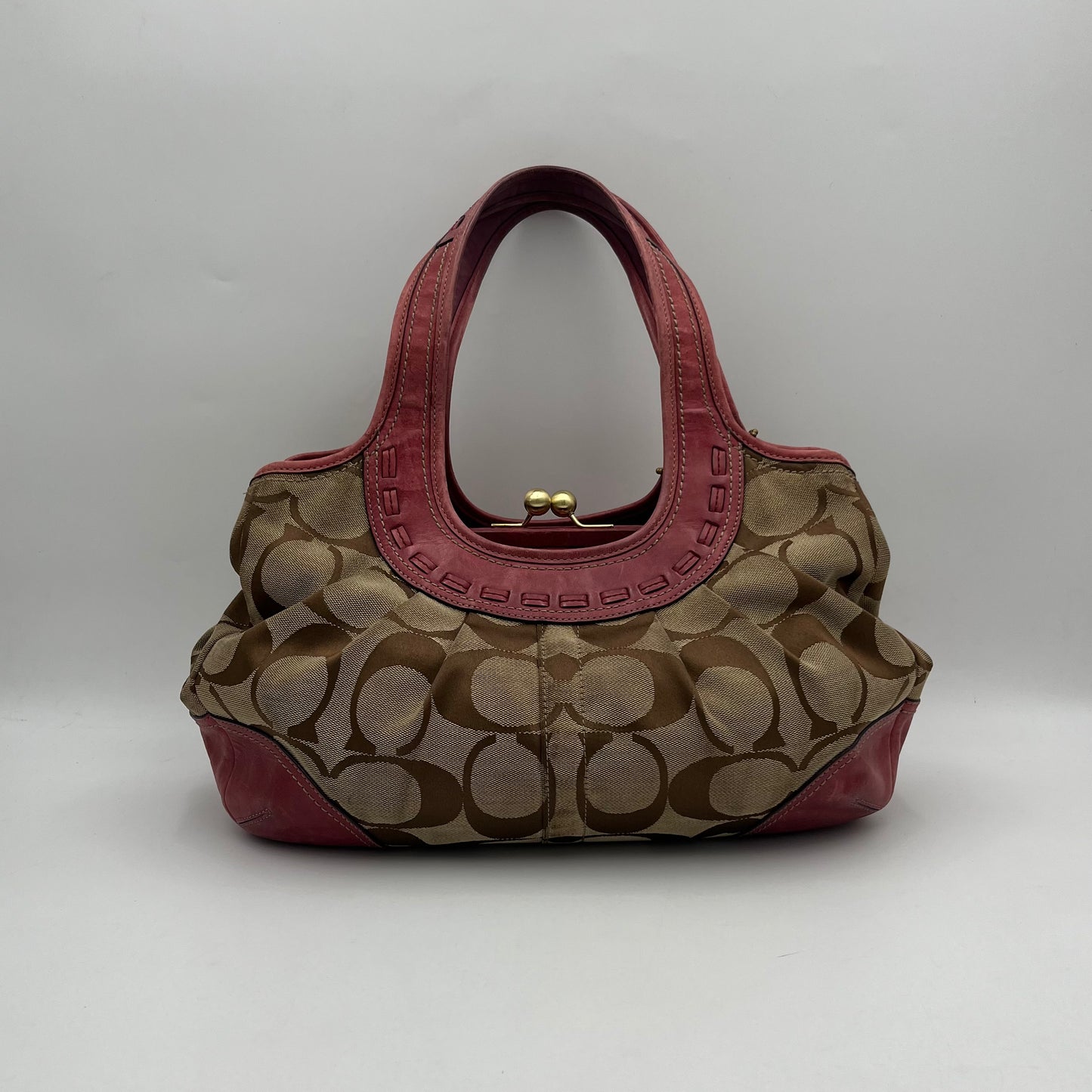 Coach Brown Big C Signature Canvas Pink Leather Large Ergo Shoulder Bag