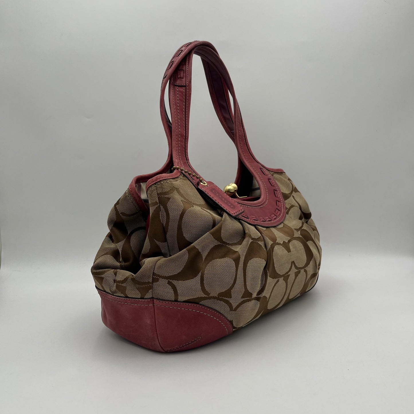 Coach Brown Big C Signature Canvas Pink Leather Large Ergo Shoulder Bag