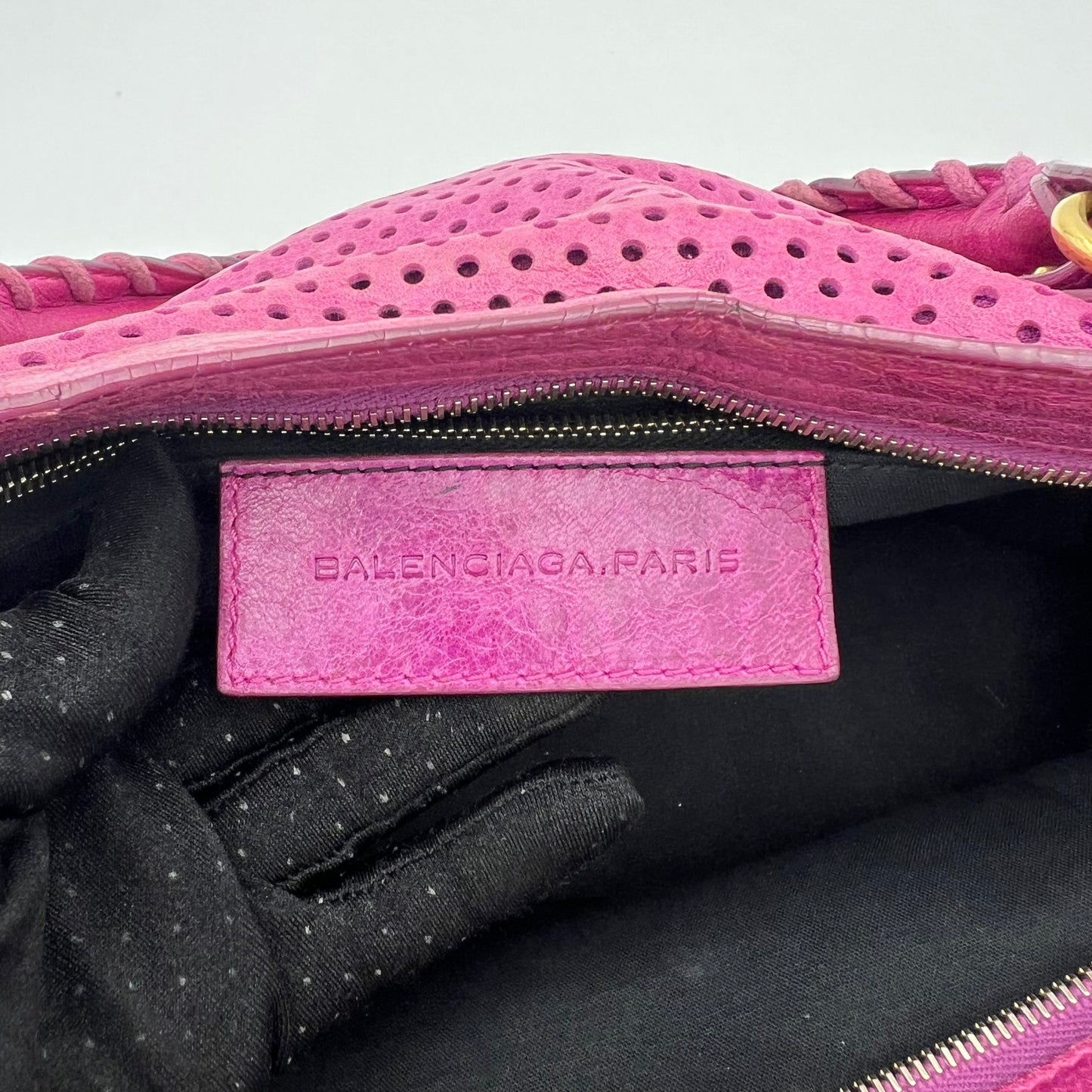 Balenciaga Pink Magenta Perforated Leather Motocross City Bag GHW
