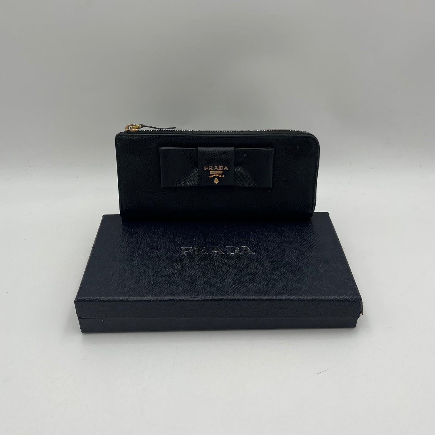 Prada Black Saffiano Bow Long Zippy Wallet